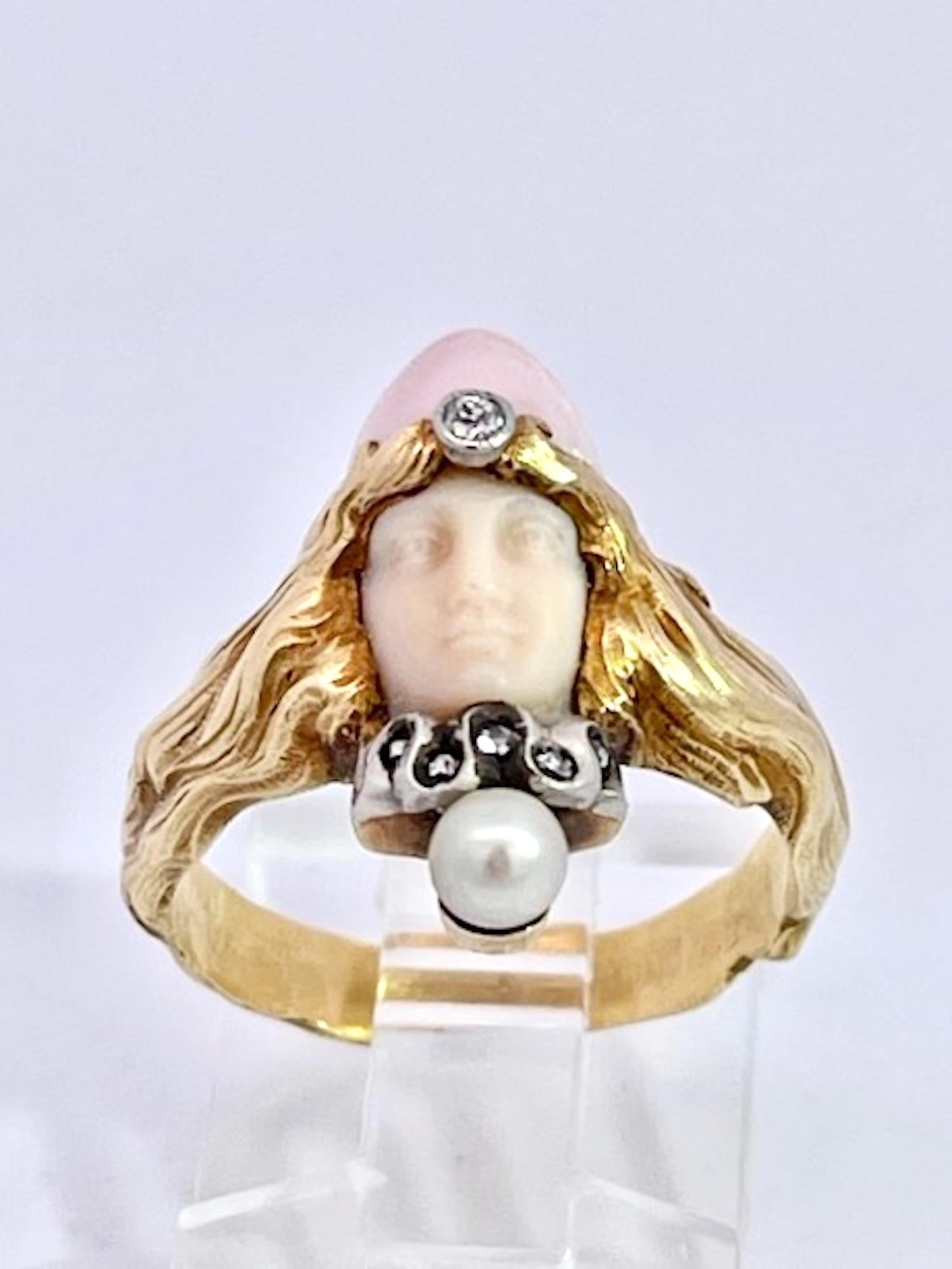 Art Nouveau extremely rare Carved Portrait of a Lady Flowing Hair Ring For Sale 8