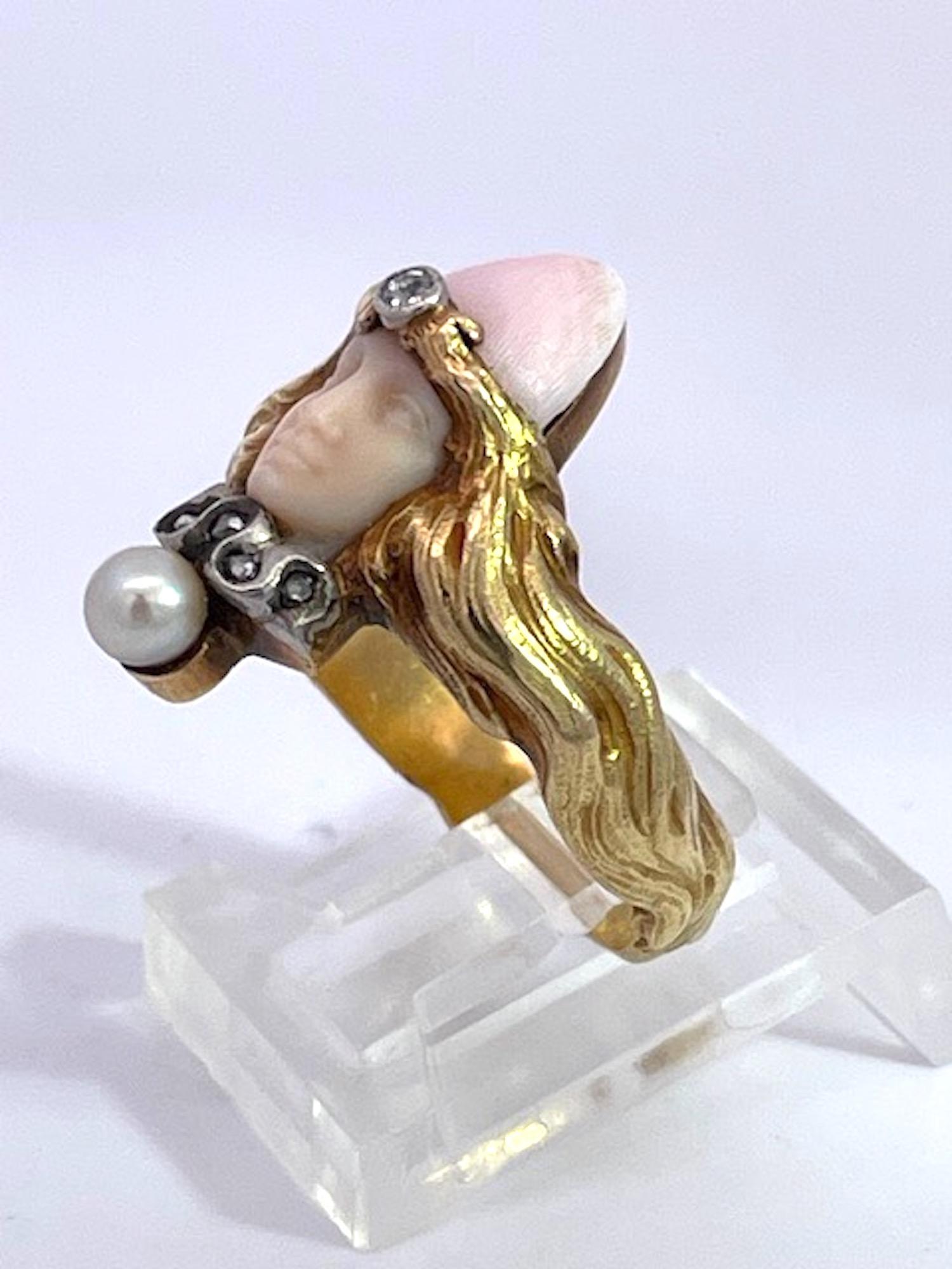 Mixed Cut Art Nouveau extremely rare Carved Portrait of a Lady Flowing Hair Ring For Sale