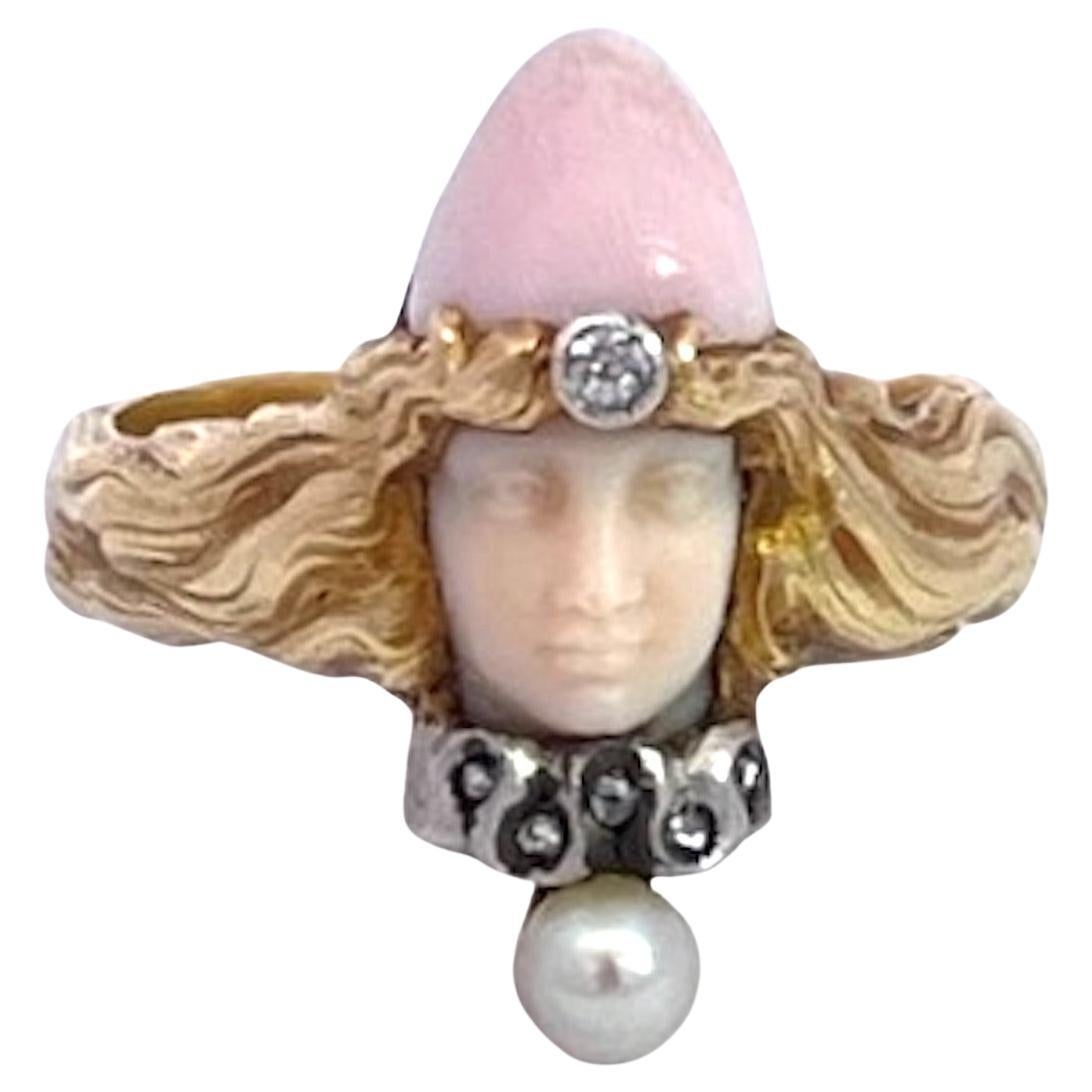 Art Nouveau extremely rare Carved Portrait of a Lady Flowing Hair Ring For Sale