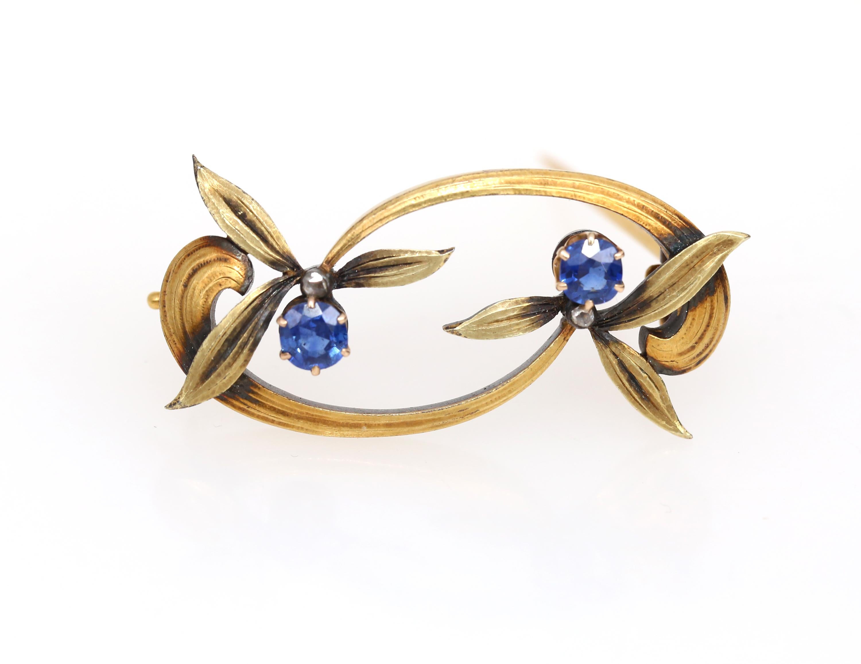 Russian Faberge Sapphire Floral Brooch Pin in Original Box.
An extremely rare example of the famous Russian Jewelry House Faberge. Stamped in Cyrillic KF (Karl Faberge) 56 Gold Hallmark. The work is simply outstanding! The leaves are so delicate and