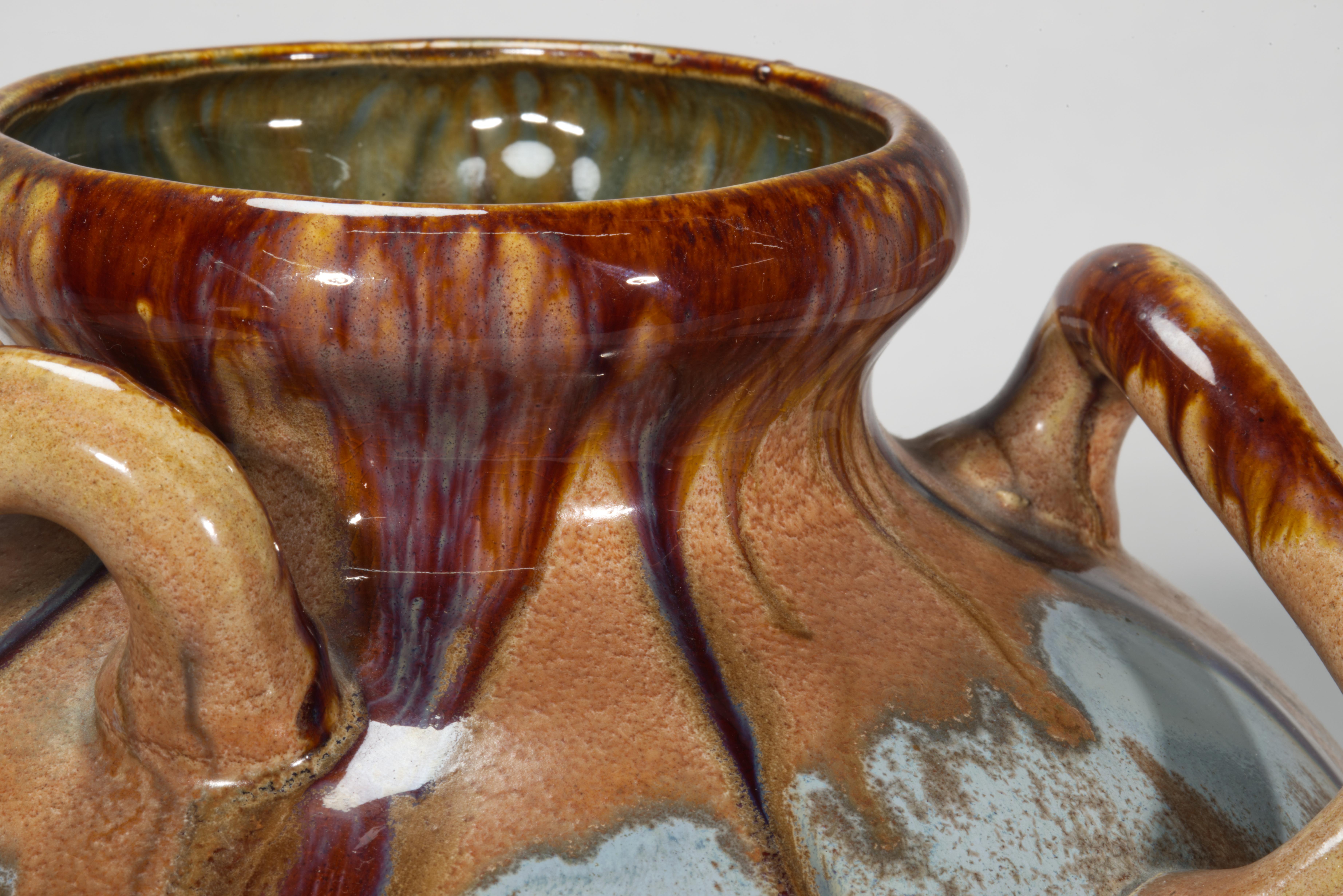 Belgian Art Nouveau Faience Handled Vase with Drip Glaze, Belgium For Sale
