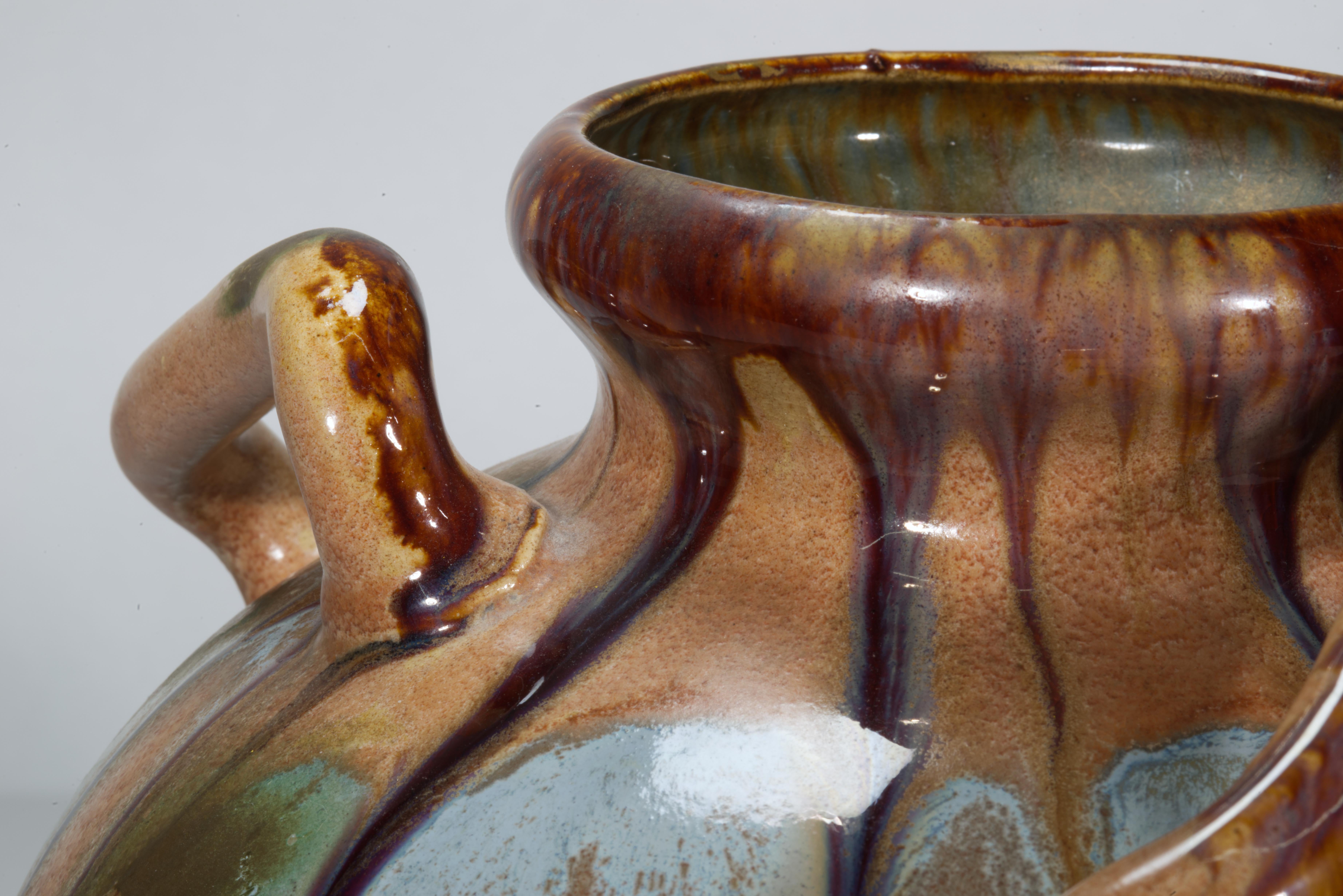 Glazed Art Nouveau Faience Handled Vase with Drip Glaze, Belgium For Sale