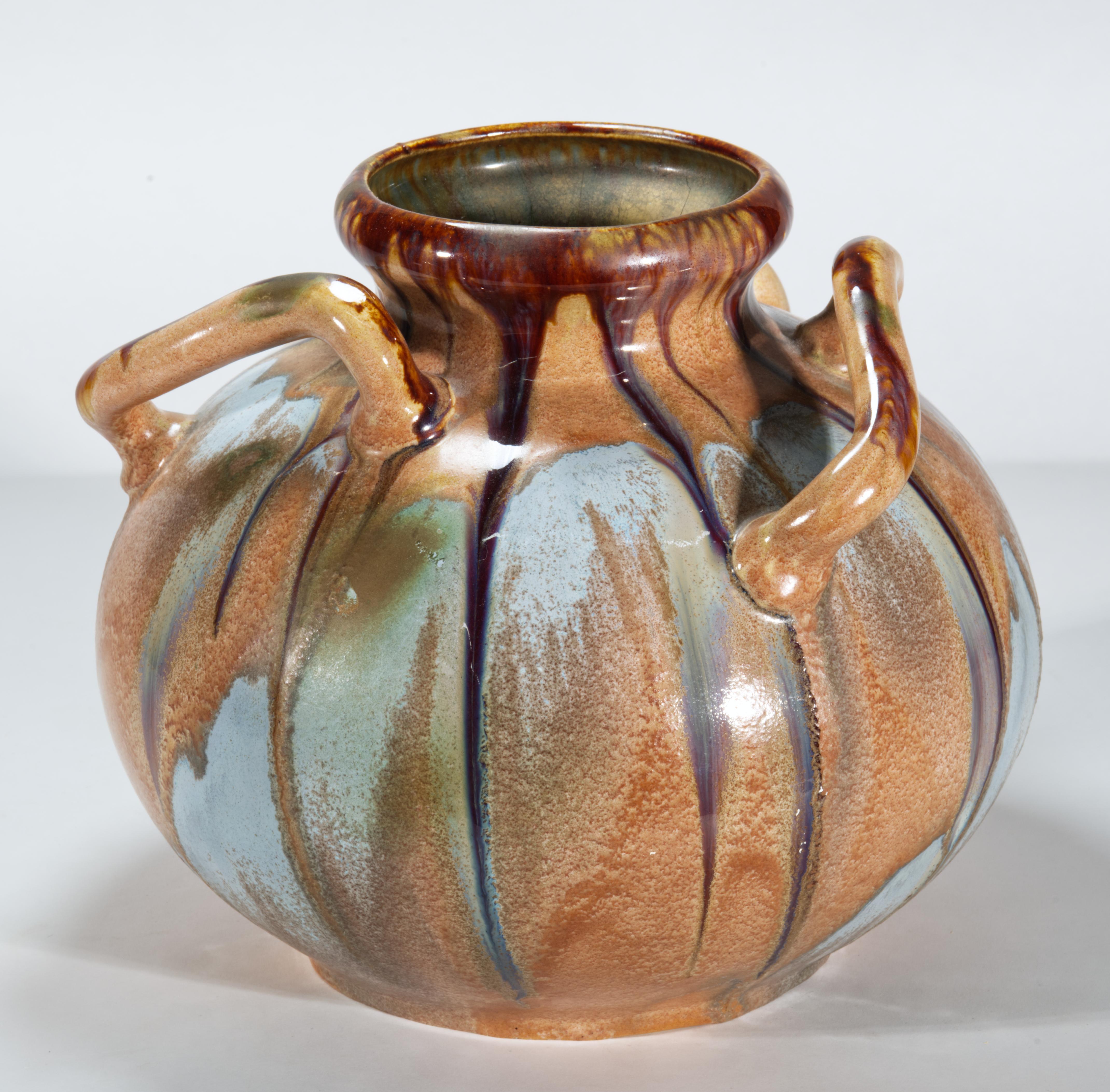 Art Nouveau Faience Handled Vase with Drip Glaze, Belgium In Good Condition For Sale In Clifton Springs, NY