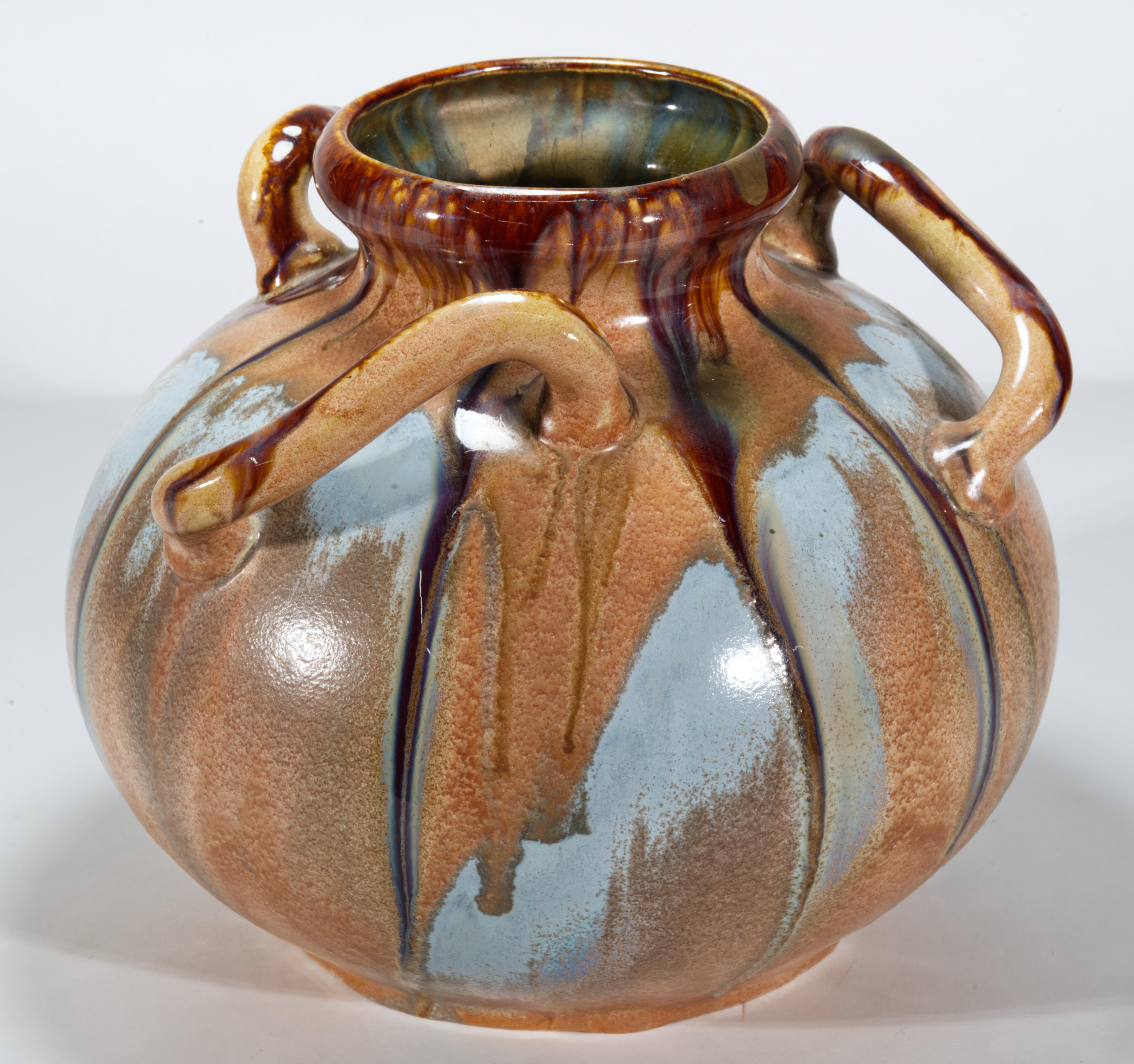 20th Century Art Nouveau Faience Handled Vase with Drip Glaze, Belgium For Sale