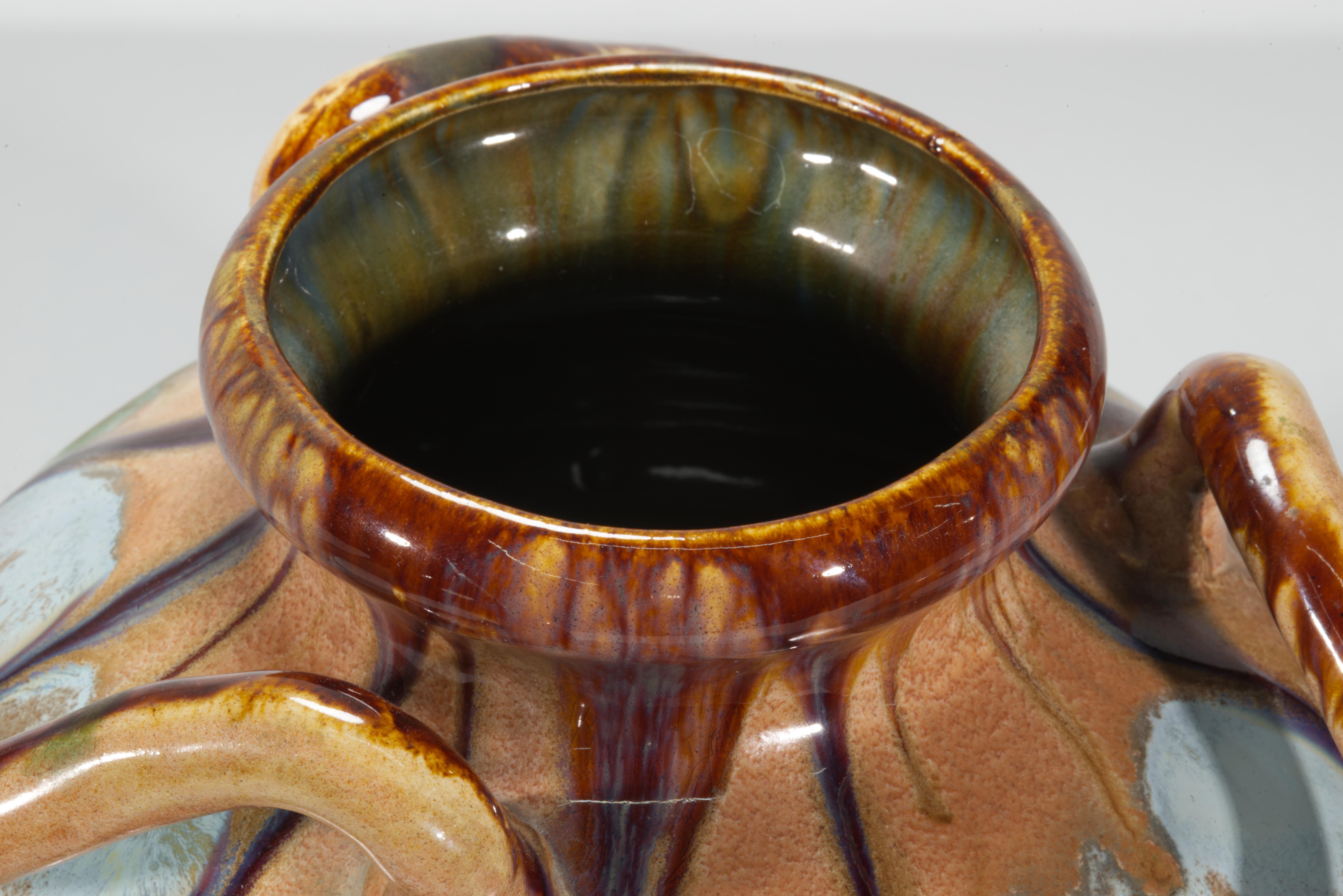Ceramic Art Nouveau Faience Handled Vase with Drip Glaze, Belgium For Sale