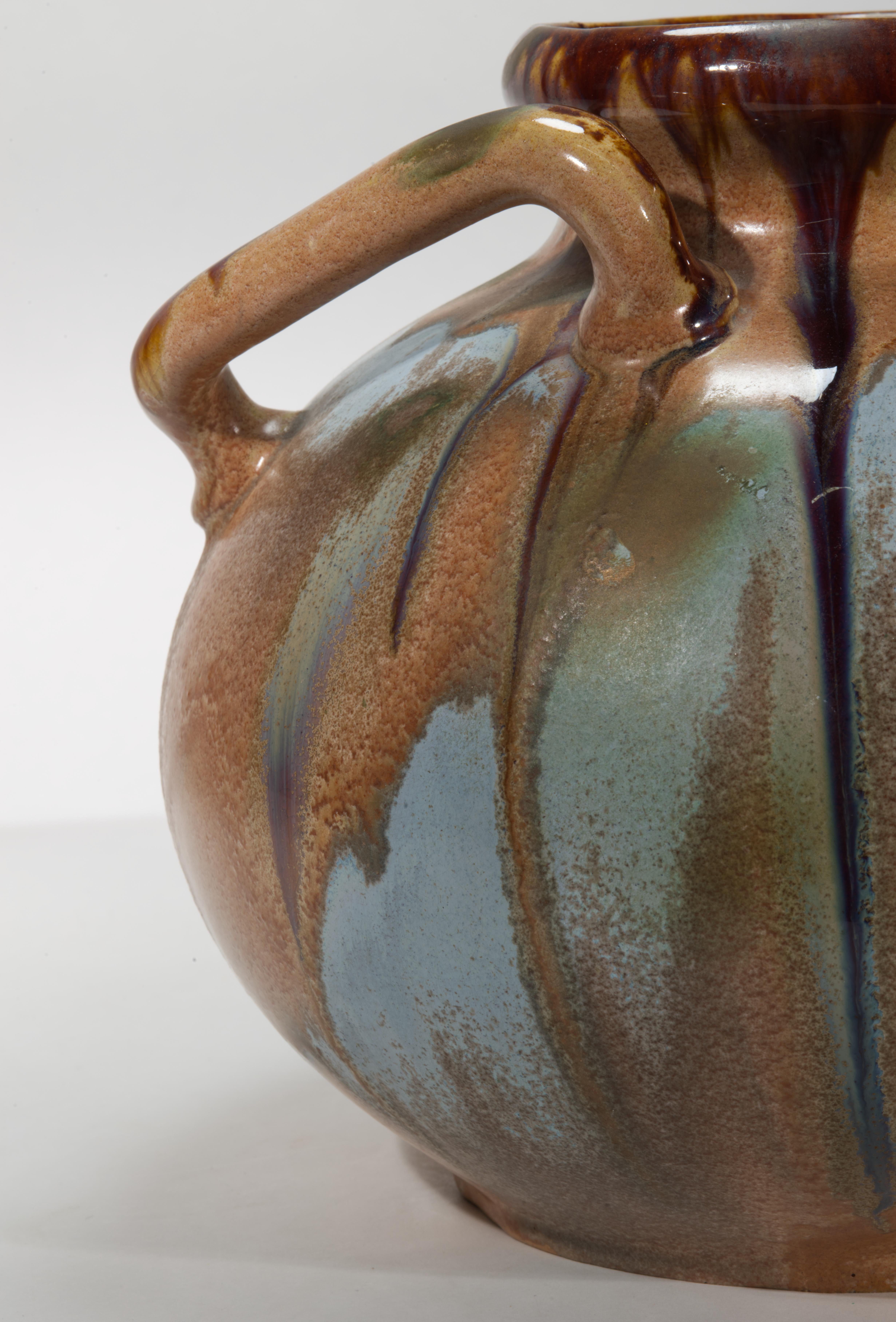 Art Nouveau Faience Handled Vase with Drip Glaze, Belgium For Sale 1