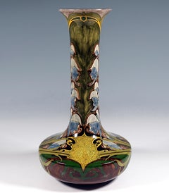 Art Nouveau Faience Long Neck Vase, Aconite Decor, by Nicholaas Brantjes Holland
