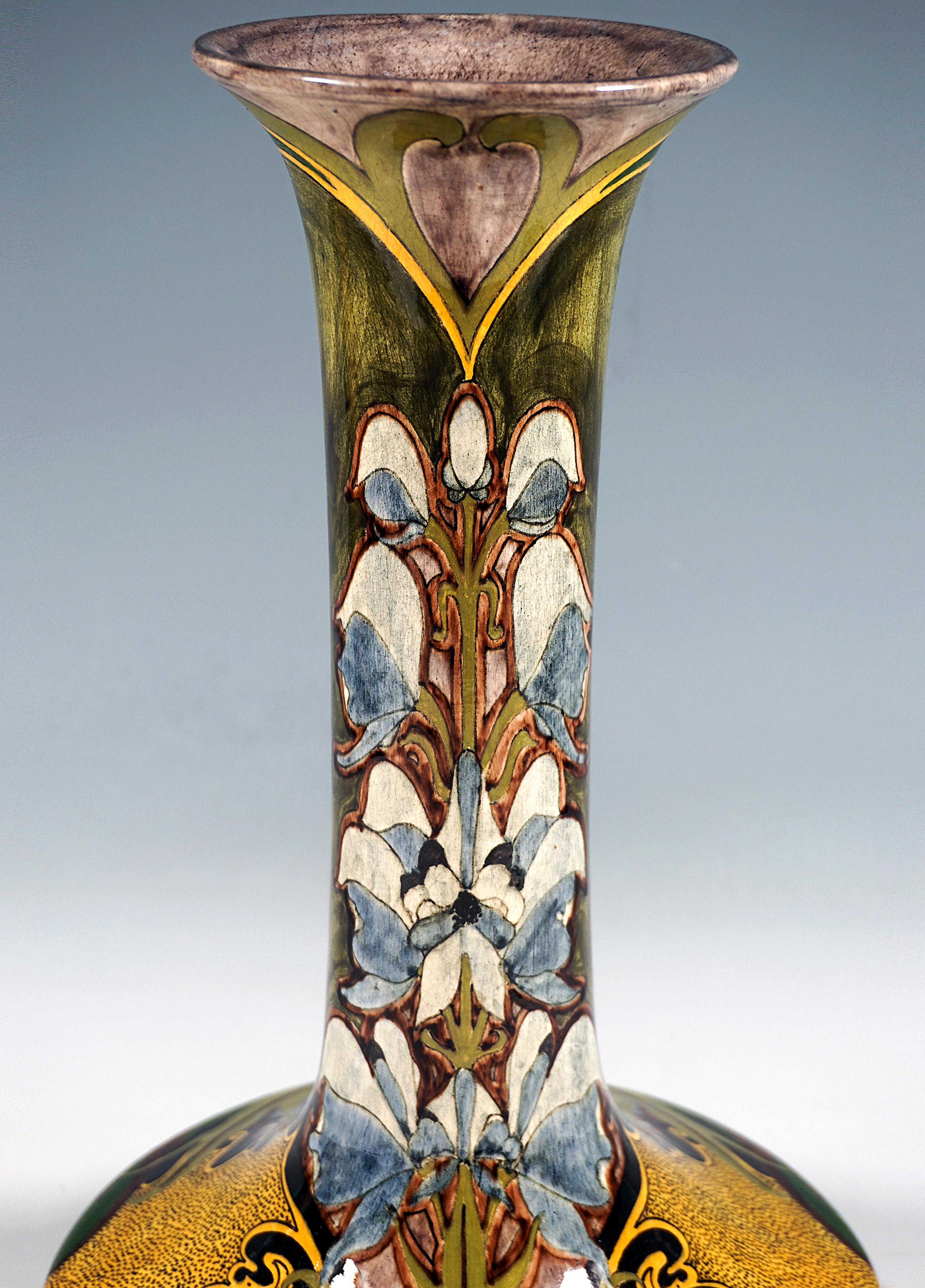 Dutch Art Nouveau Faience Long Neck Vase, Aconite Decor, by Nicholaas Brantjes Holland