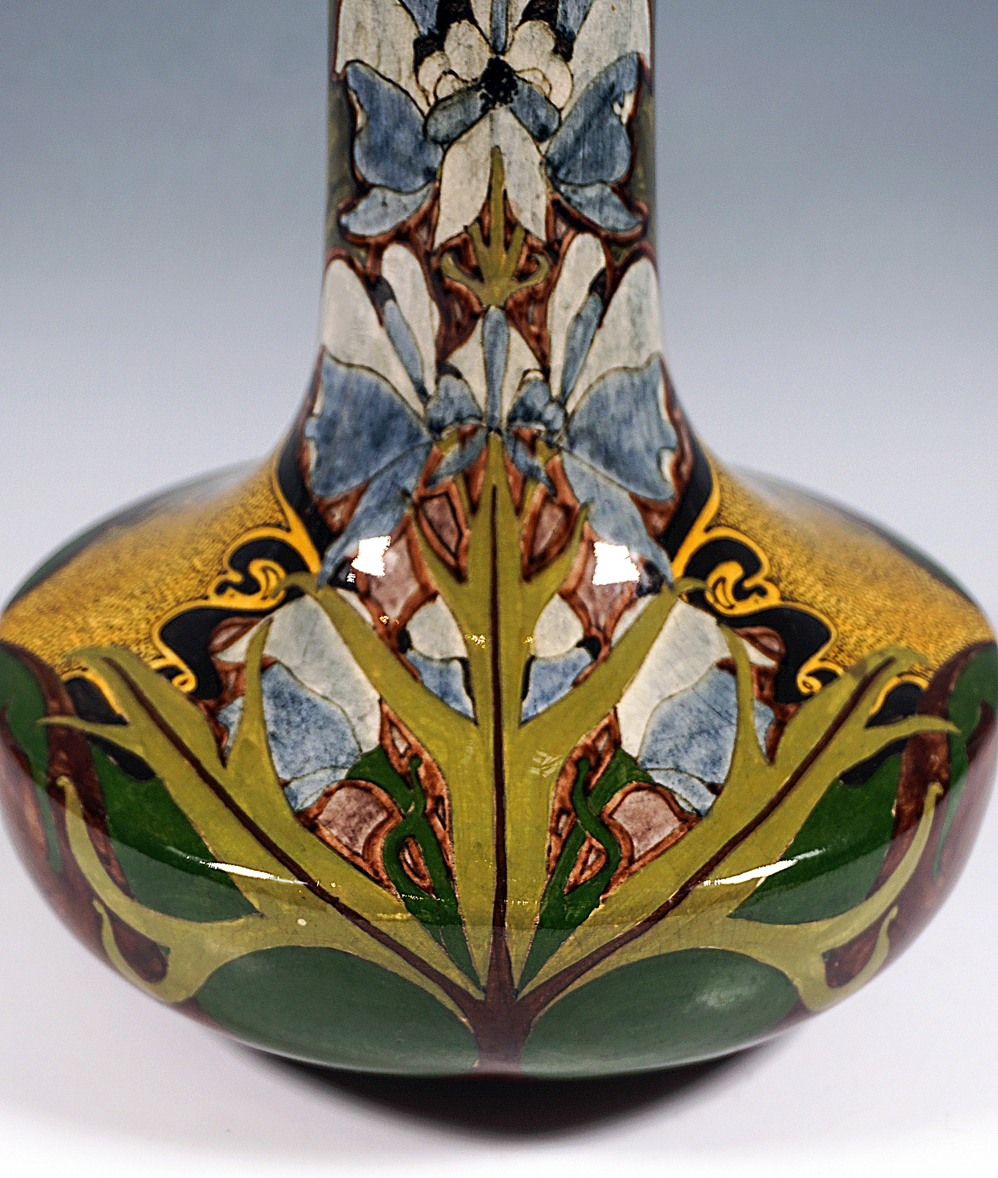 Hand-Crafted Art Nouveau Faience Long Neck Vase, Aconite Decor, by Nicholaas Brantjes Holland
