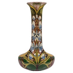Art Nouveau Faience Long Neck Vase, Aconite Decor, by Nicholaas Brantjes Holland