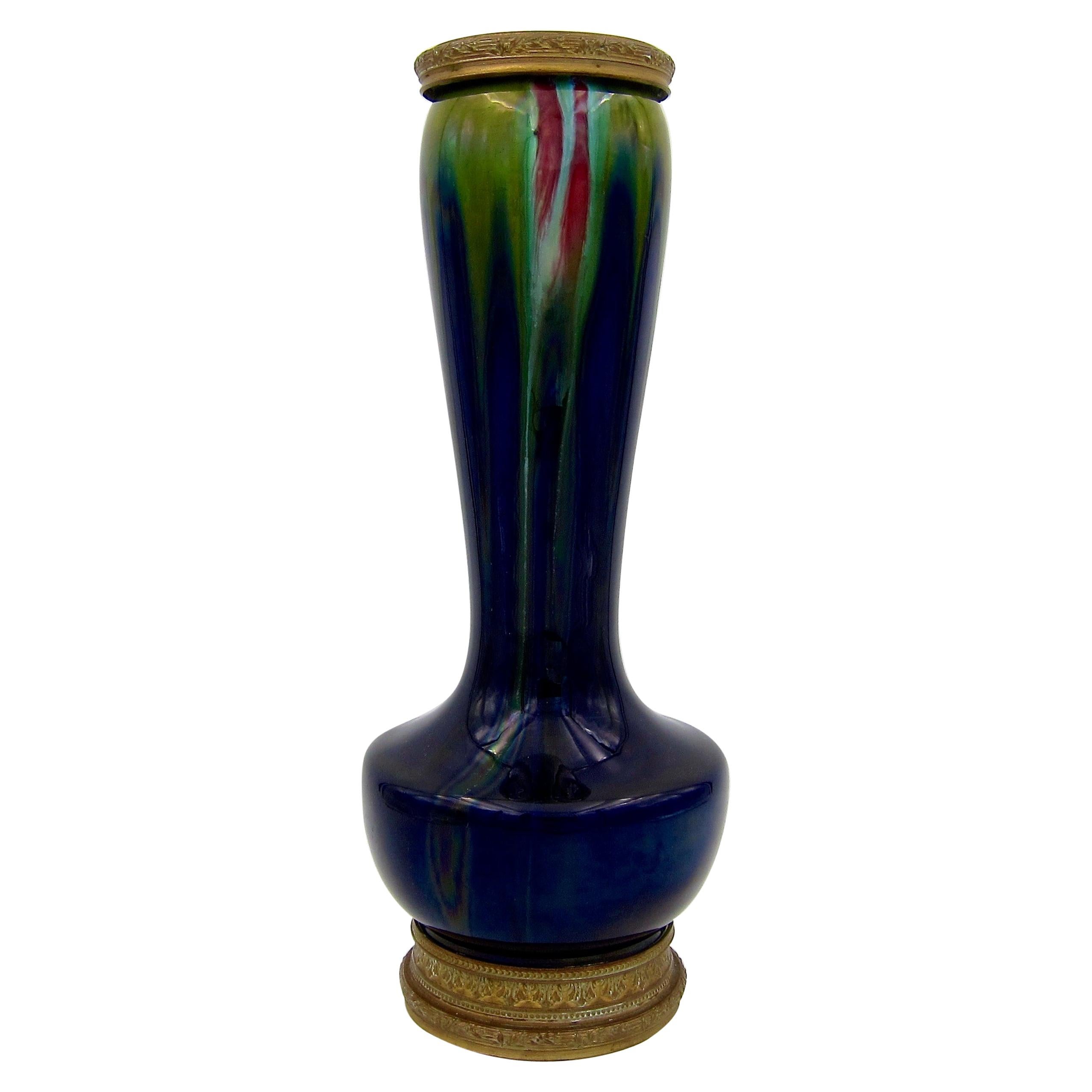 Art Nouveau Faience Vase with Flambe Glaze and Ormolu Mounts