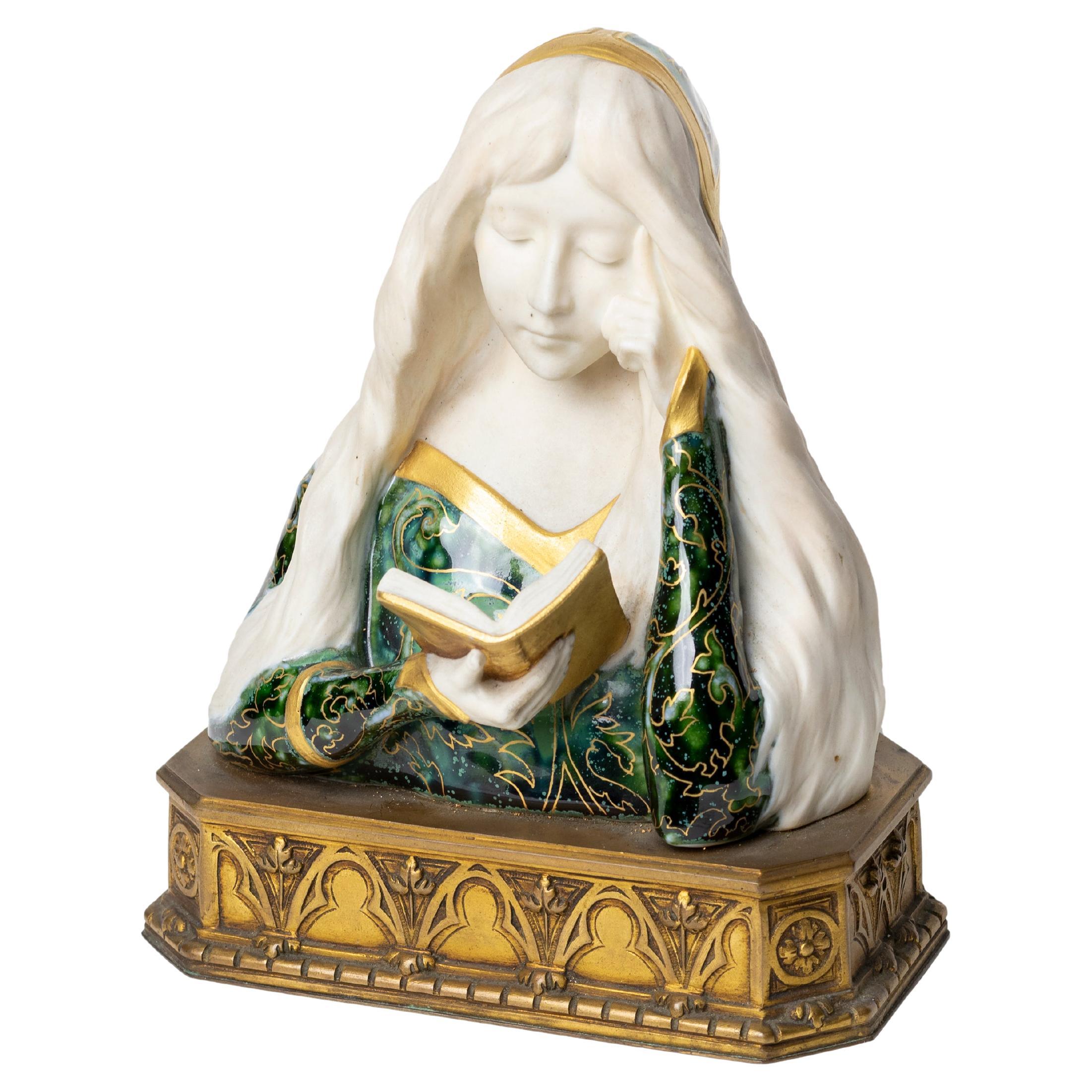 Art Nouveau Faience Woman Bust by Leon Noel Delagrange, 1889 For Sale