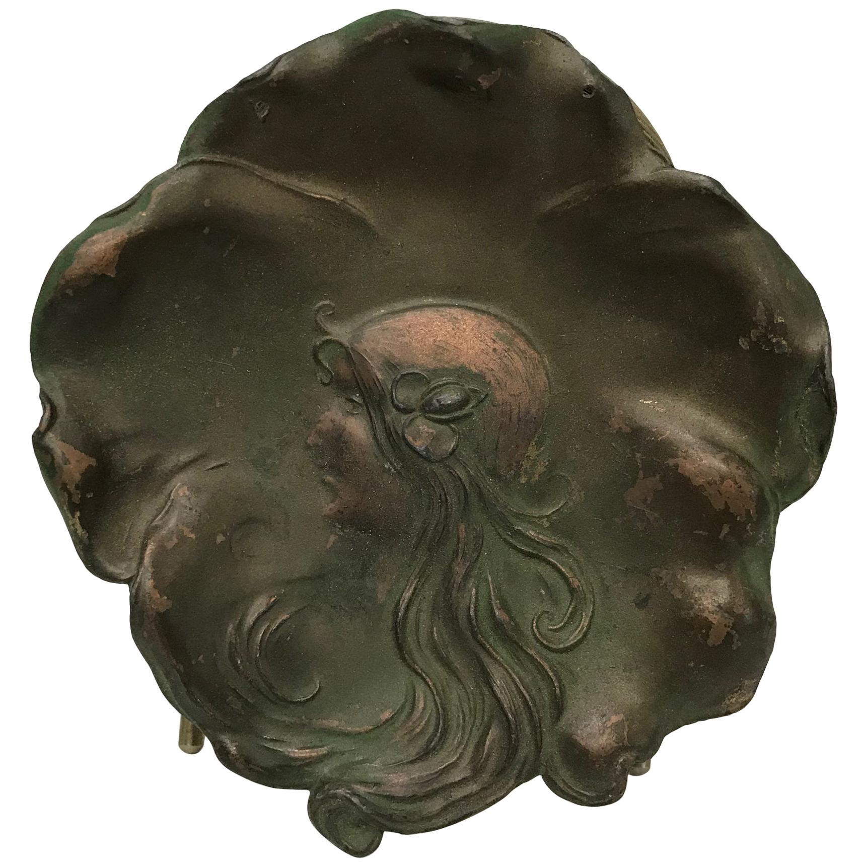 Art Nouveau Fair Maiden Face on Decorative Copper Plate Leaf Dish Signed 1906