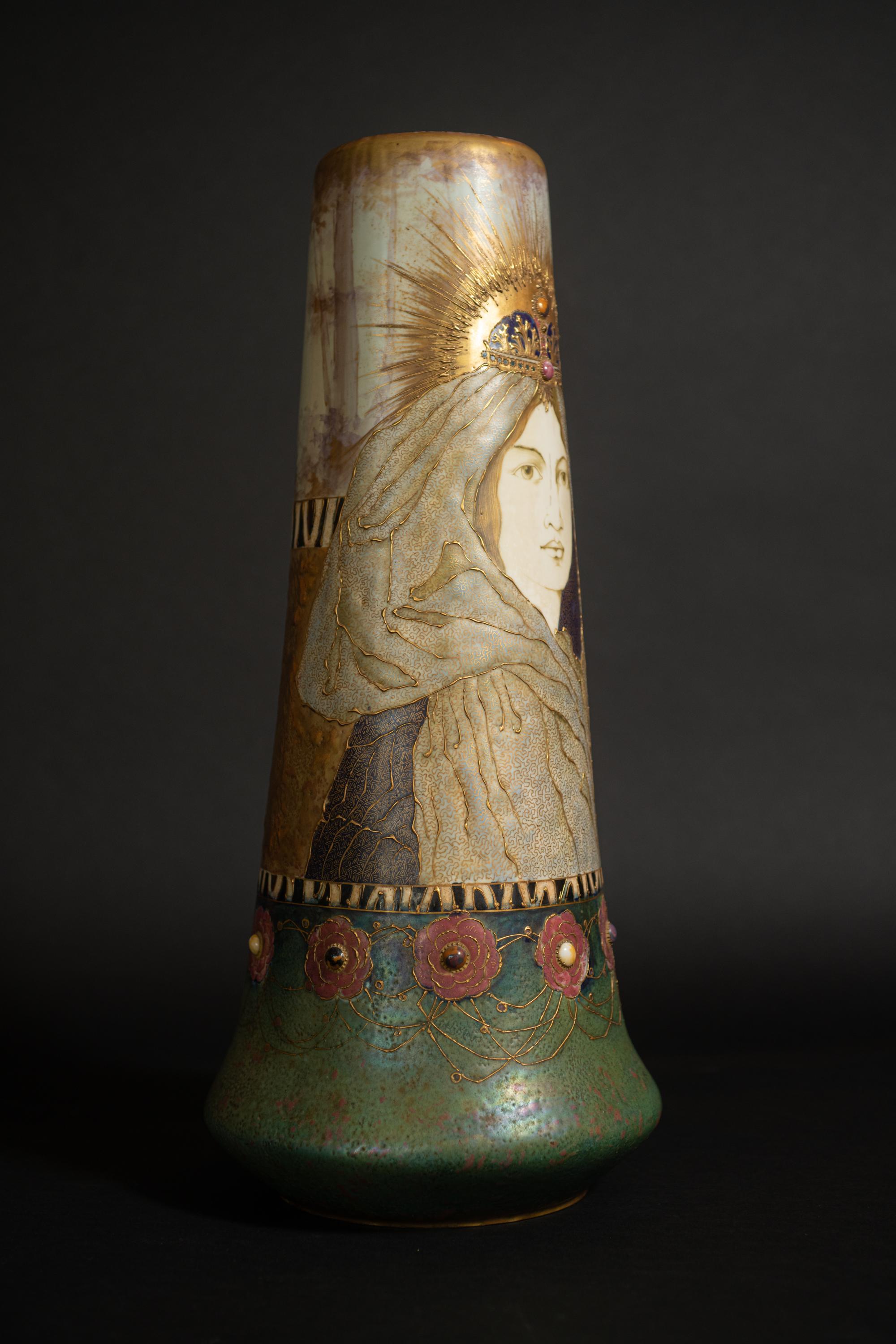 Glass Art Nouveau Fairy Tale Princess Vase by RStK Amphora For Sale