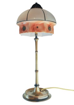Art Nouveau Faux Bamboo Brass Table Lamp with A Milk Glass Shade