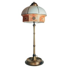 Art Nouveau Faux Bamboo Brass Table Lamp with A Milk Glass Shade