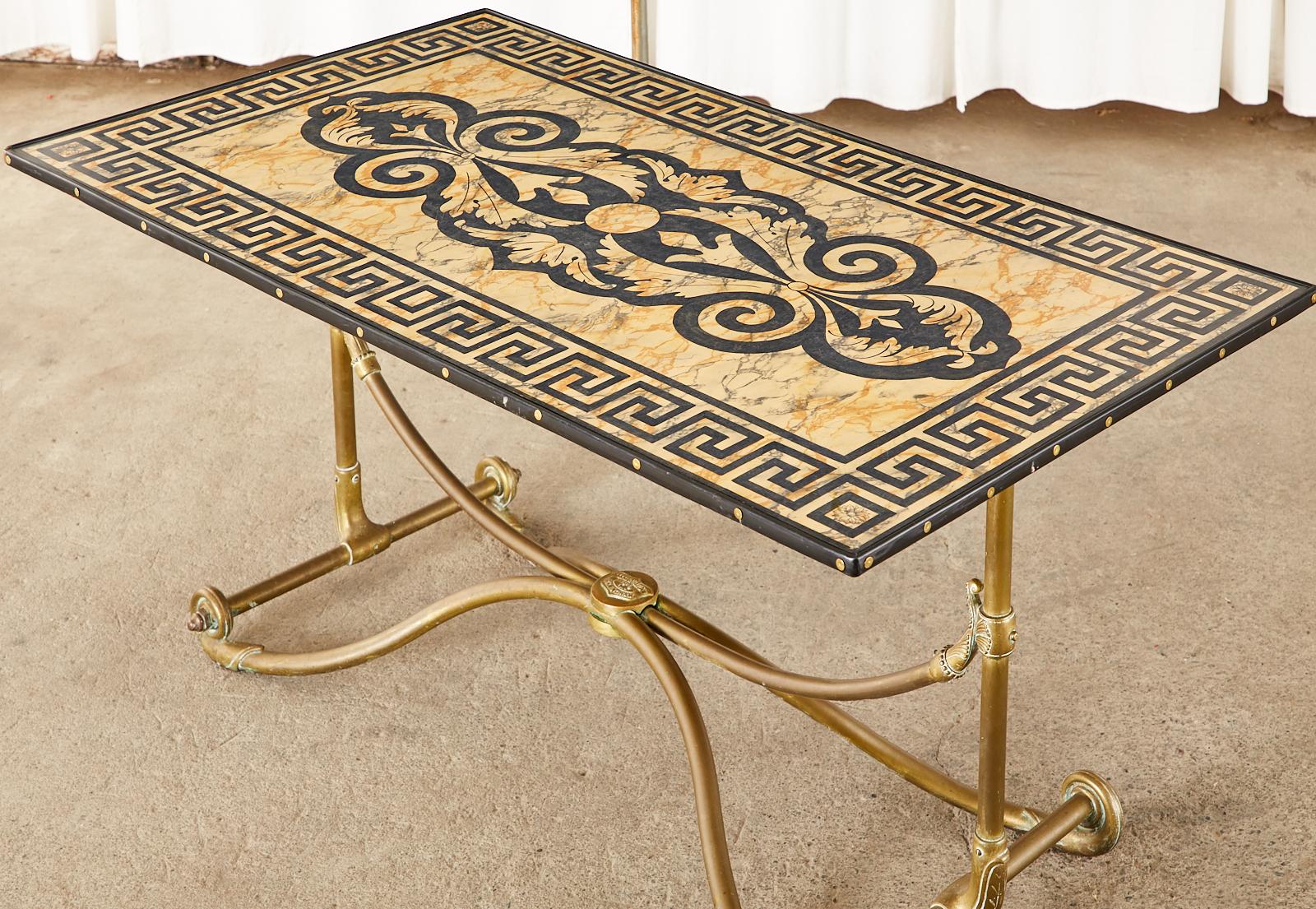 Hand-Crafted Art Nouveau Faux Marble Painted Brass Dining Table For Sale