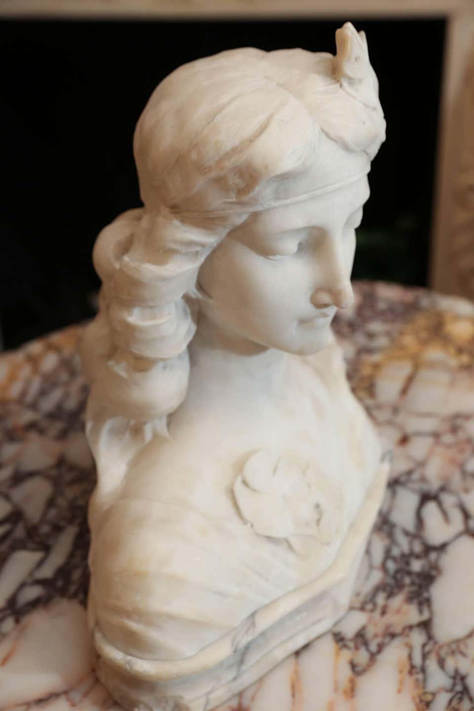French Art Nouveau Female Bust Carved in Carrara Marble For Sale