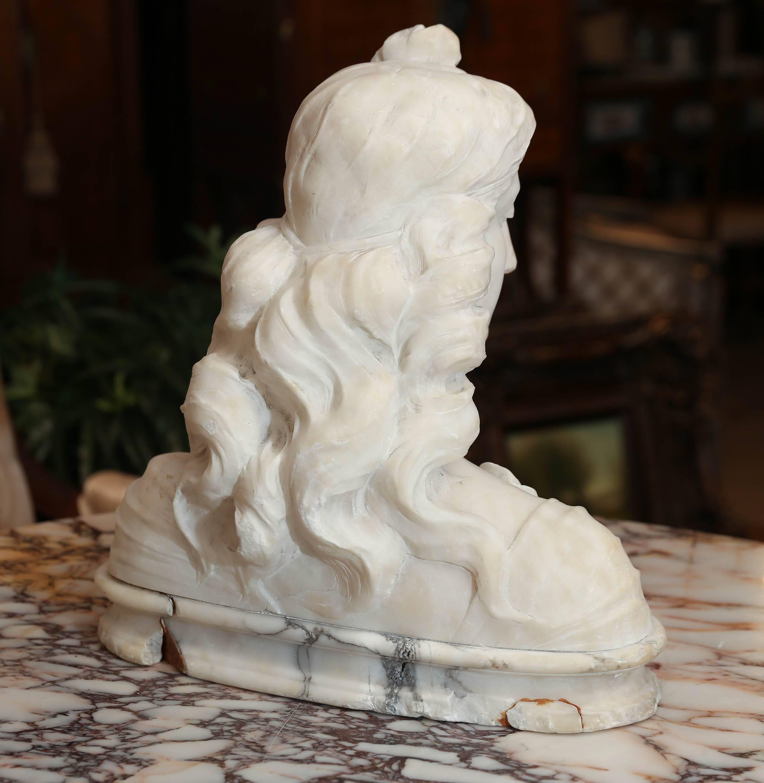Art Nouveau Female Bust Carved in Carrara Marble In Excellent Condition In Houston, TX