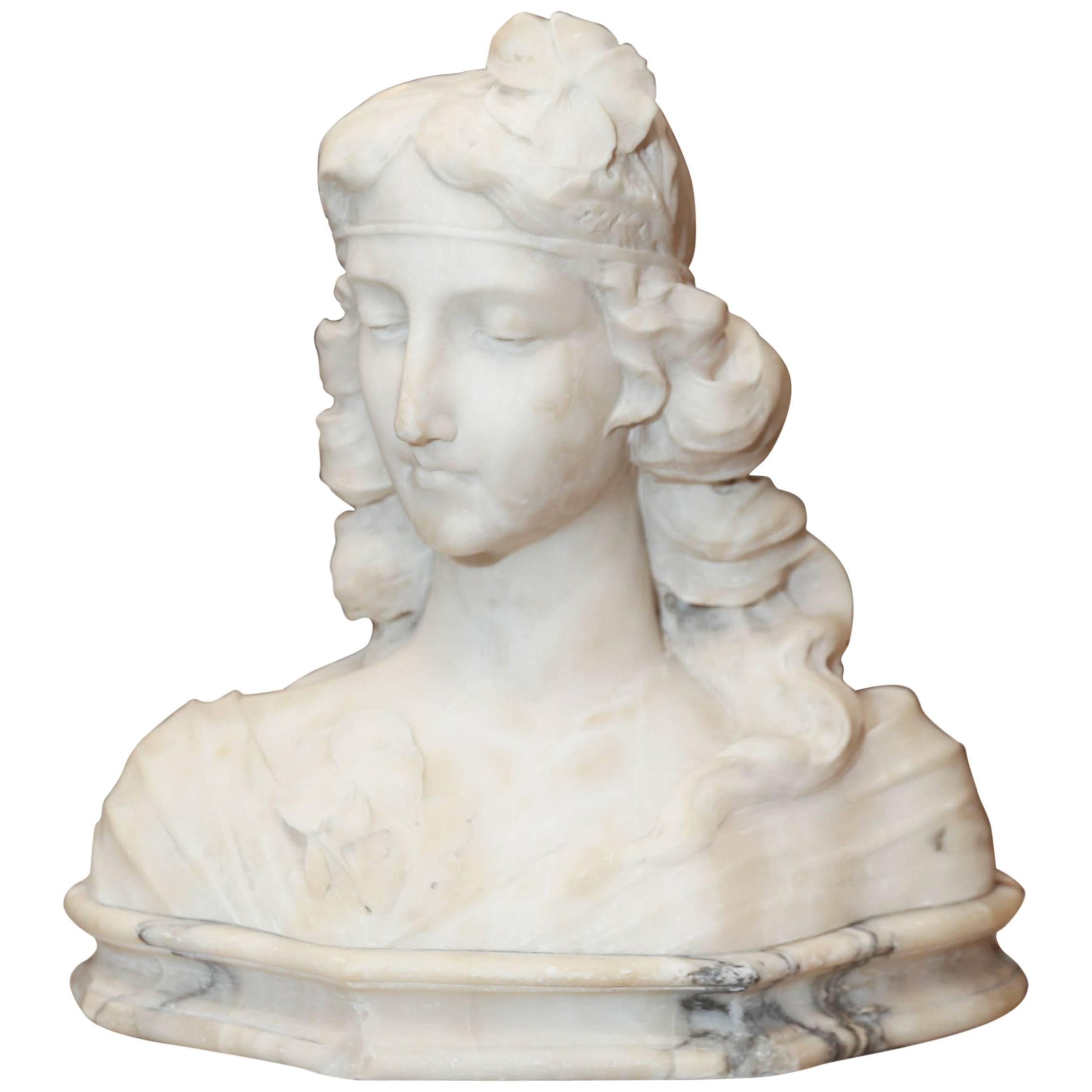 Art Nouveau Female Bust Carved in Carrara Marble