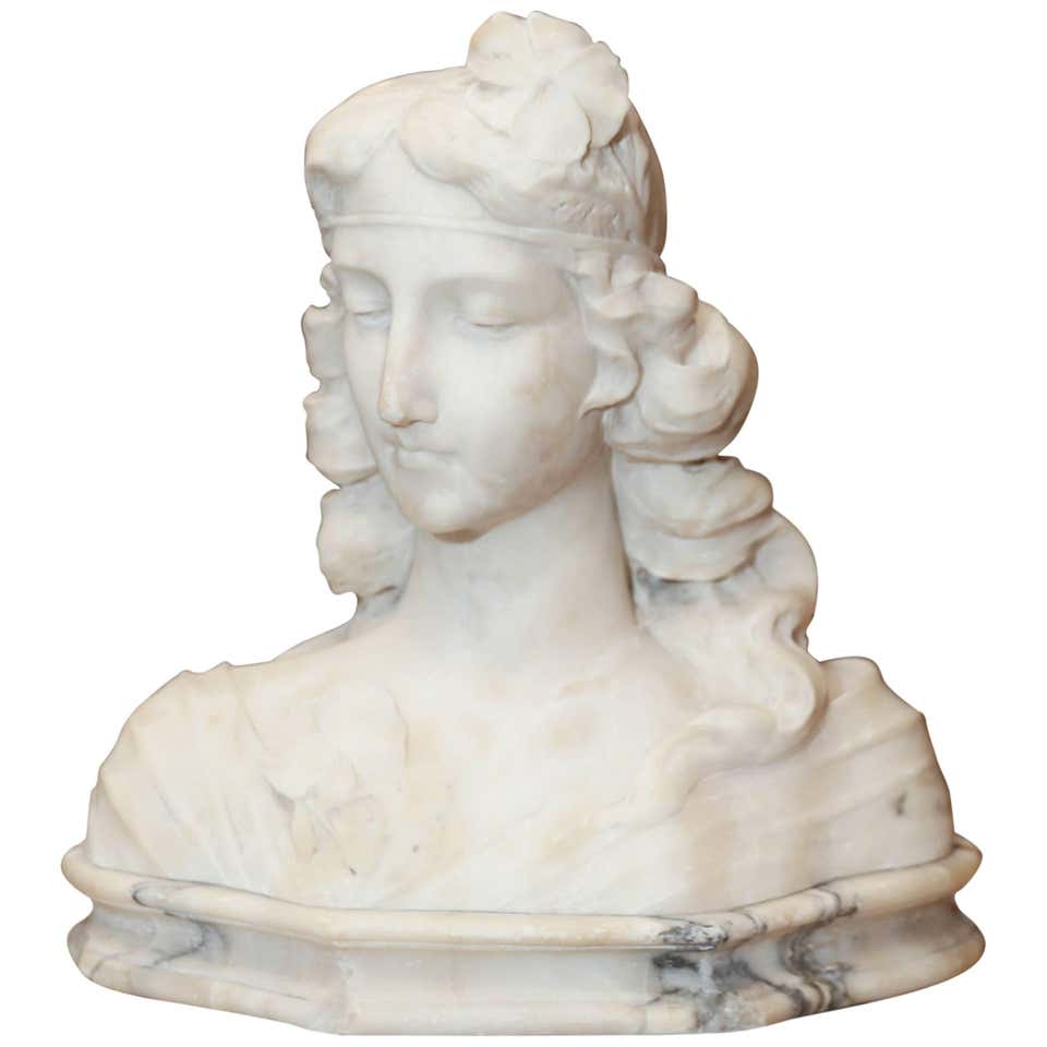 Art Nouveau Female Bust Carved in Carrara Marble For Sale