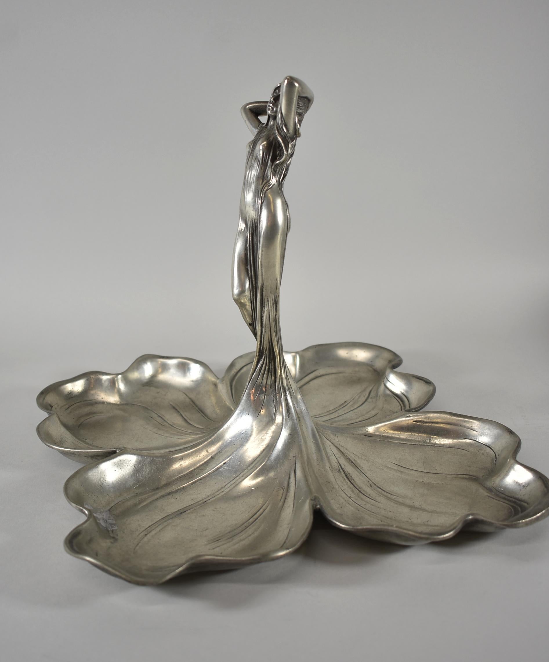 Art Nouveau Female Figure in Pewter with Quadruple Dish by Designer Albert Mayer In Good Condition In Toledo, OH