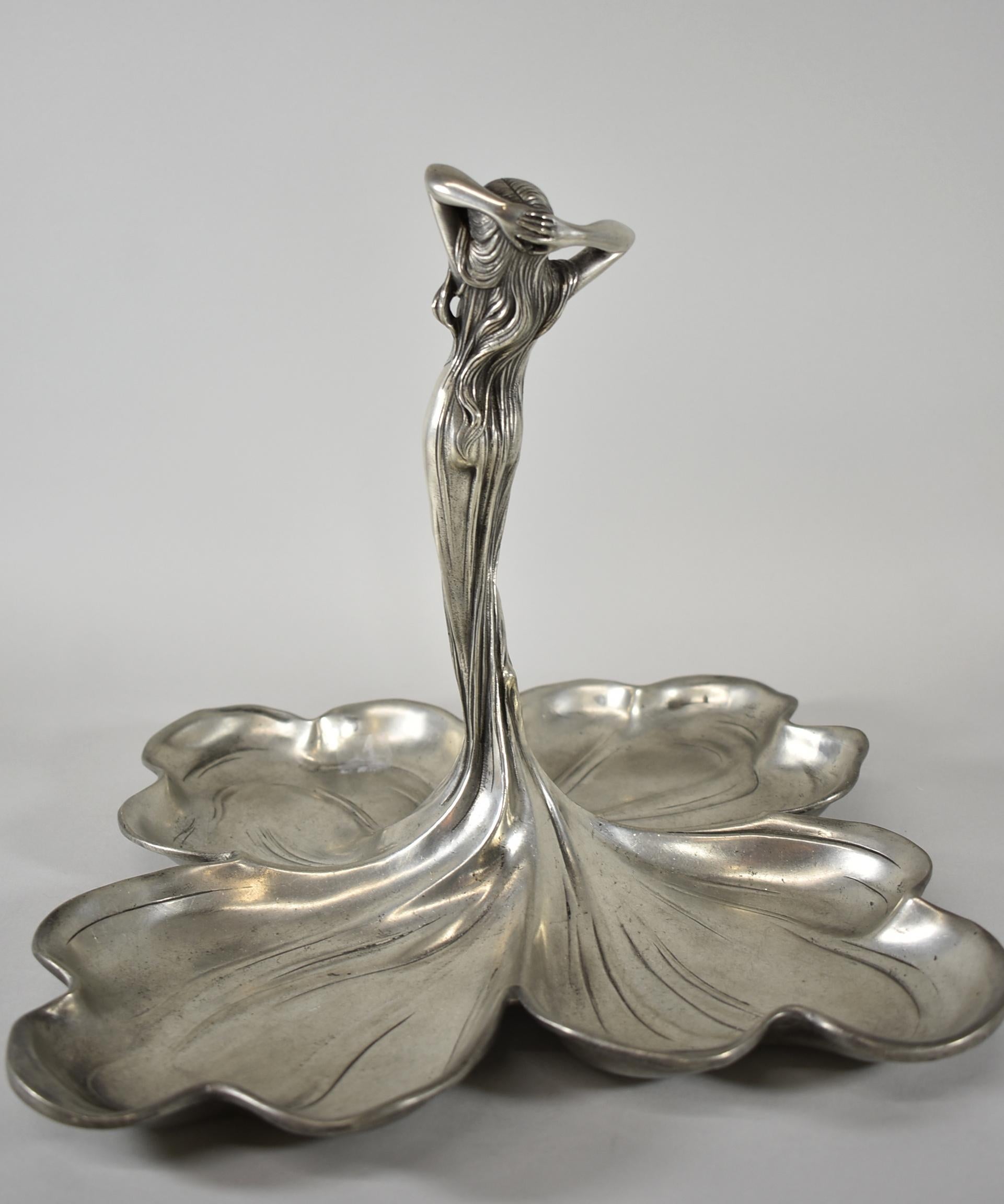 Art Nouveau Female Figure in Pewter with Quadruple Dish by Designer Albert Mayer In Good Condition In Toledo, OH
