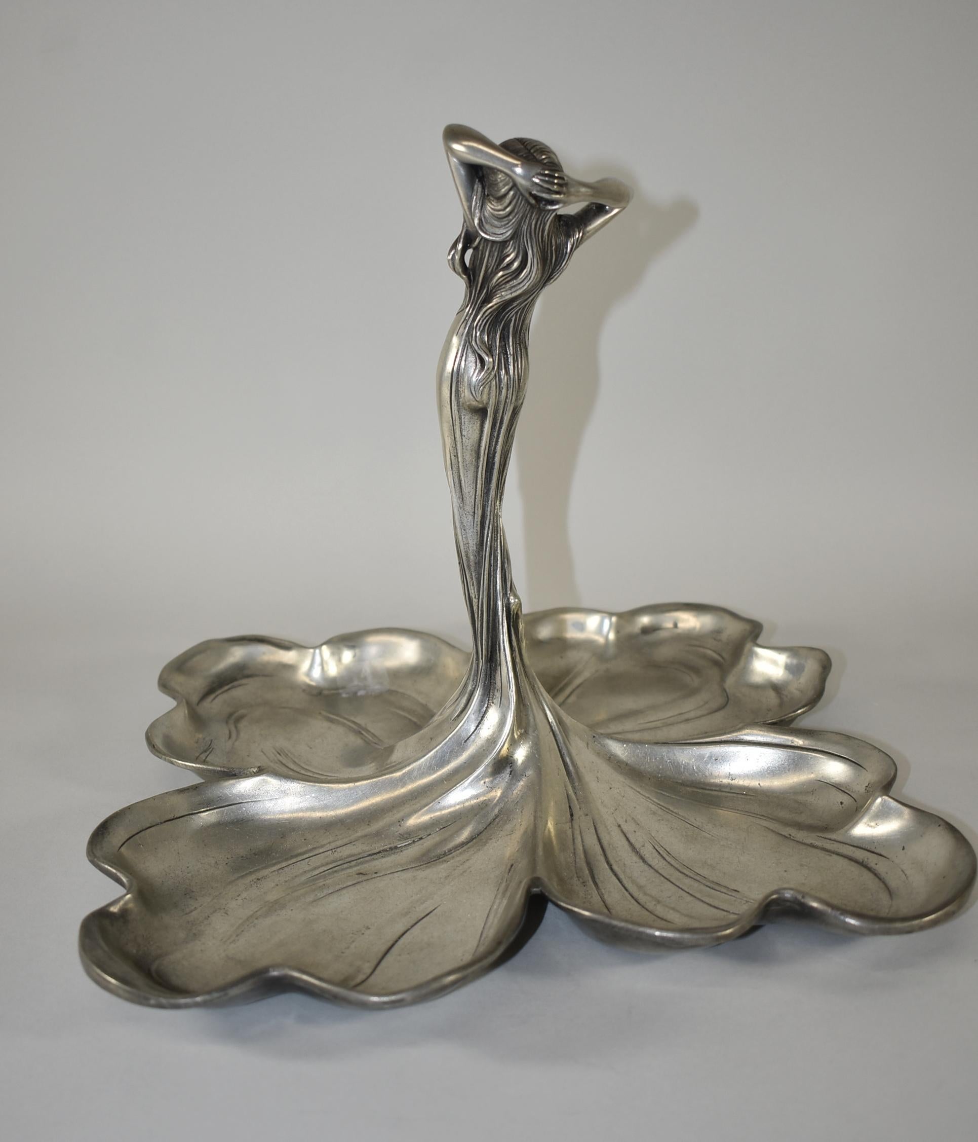 Art Nouveau Female Figure in Pewter with Quadruple Dish by Designer Albert Mayer 1