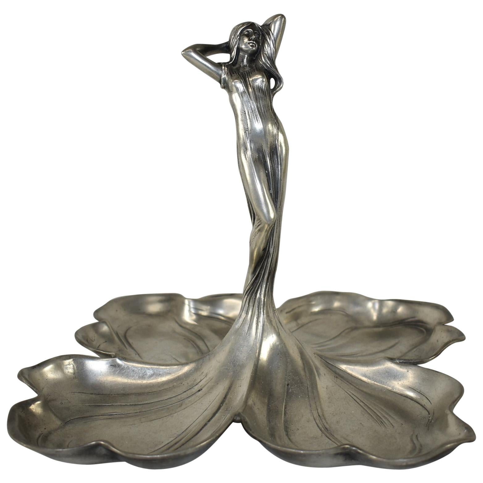 Art Nouveau Female Figure in Pewter with Quadruple Dish by Designer Albert Mayer