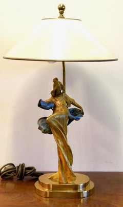 Art Nouveau Female Figure Table Lamp with Bluebells, Late 20th Century