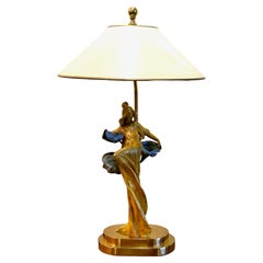 Lampe de table Art Nouveau représentant une femme avec des cloches bleues, fin du 20e siècle