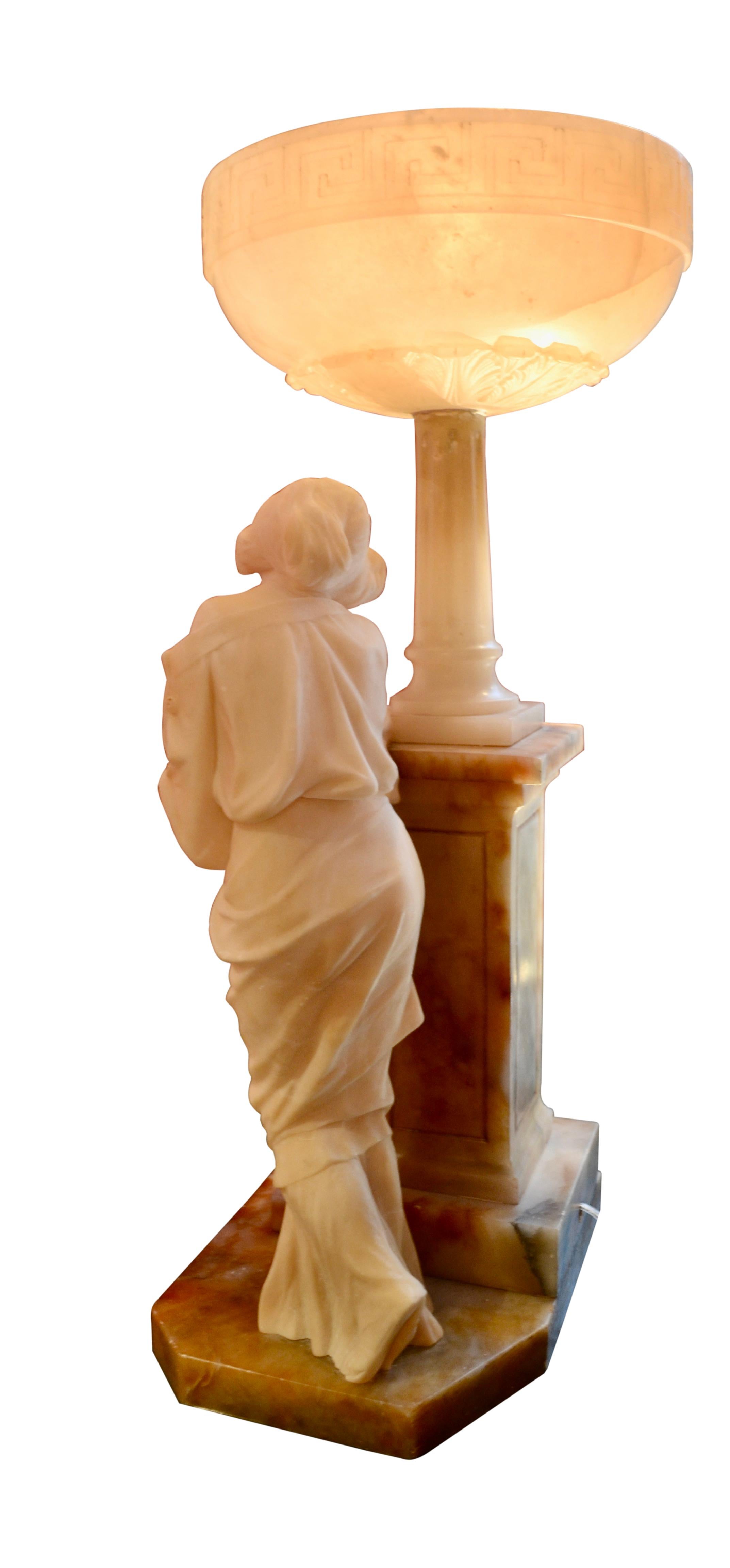 Carved Art Nouveau Figural Alabaster Lamp  For Sale