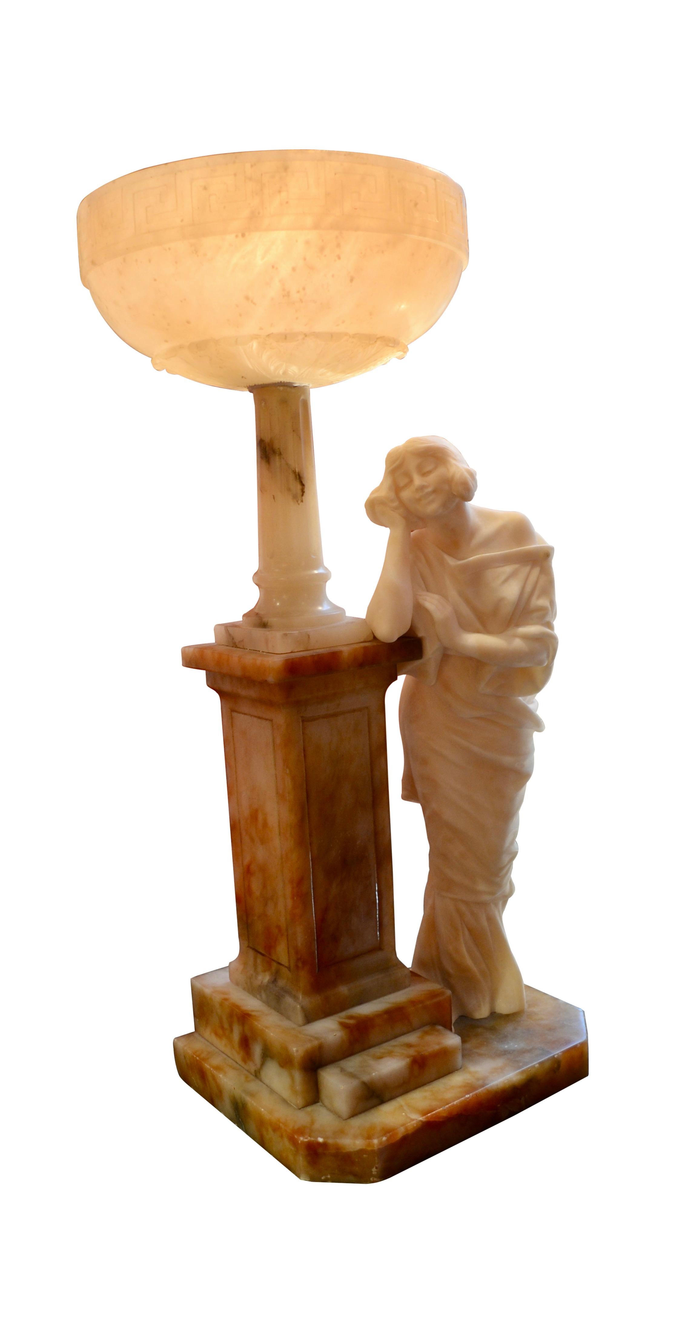 Sculpté Art Nouveau Figural Alabaster Lamp  en vente