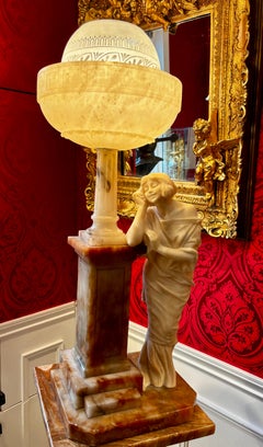Art Nouveau Figural Alabaster Lamp on a Light Brown Oynx column