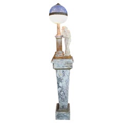 Antique Art Nouveau Figural Alabaster Lamp with a Beaded Blue Crystal Shade