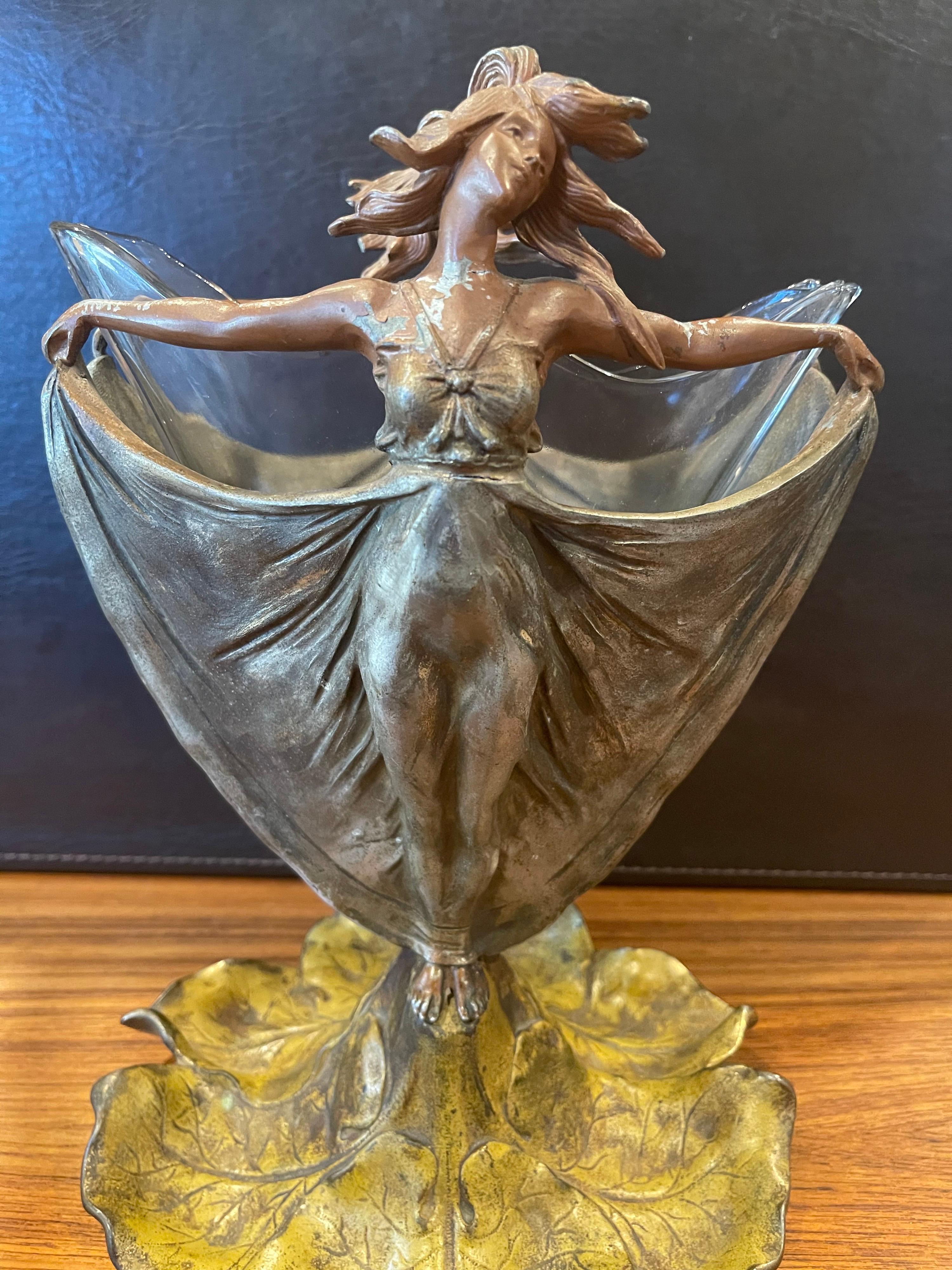 American Art Nouveau Figural Cast Metal Vase with Glass Insert