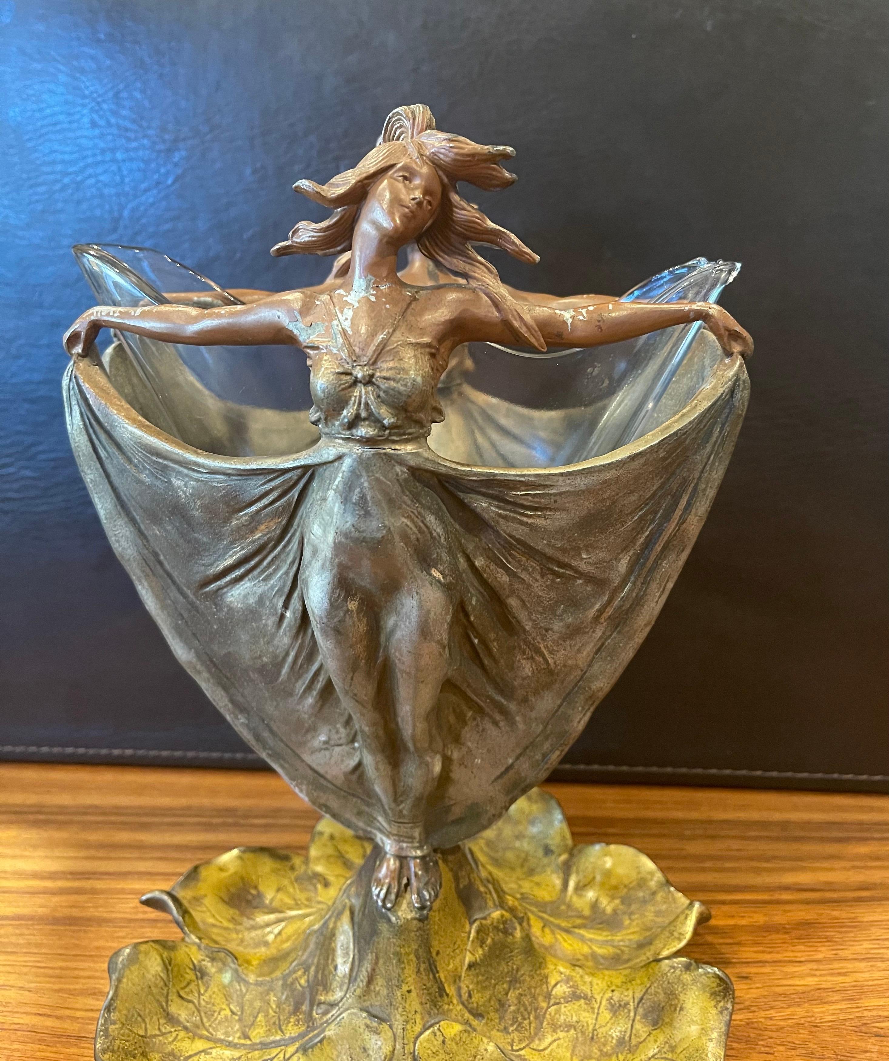 Art Nouveau Figural Cast Metal Vase with Glass Insert In Good Condition In San Diego, CA