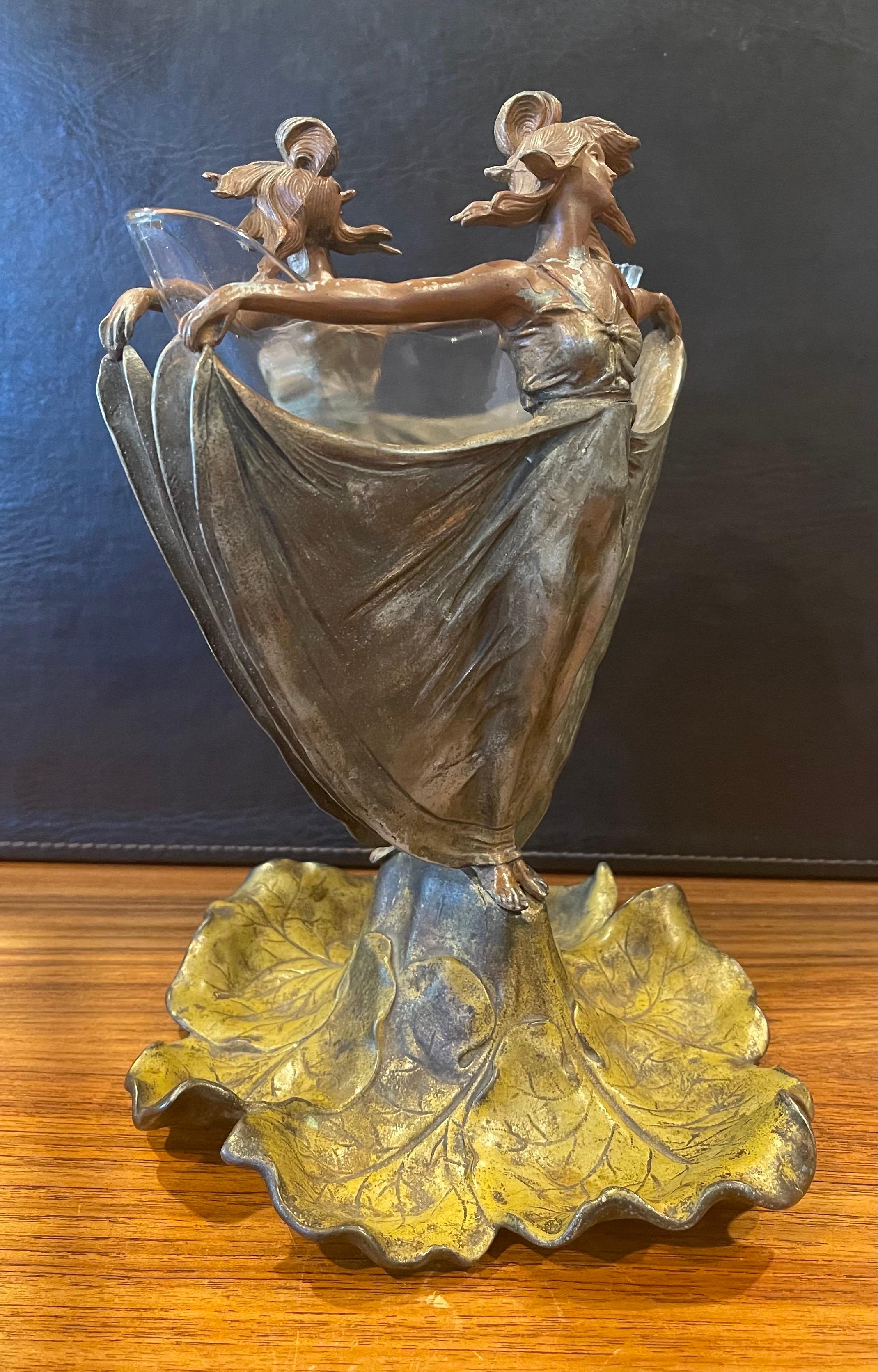 Art Nouveau Figural Cast Metal Vase with Glass Insert 1