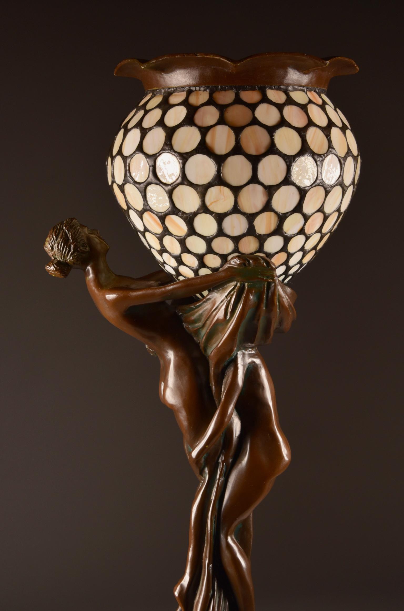 Cold-Painted Art Nouveau Figural Floor Lamp, Nude Woman and Man, Rare Reproduction Tiffany