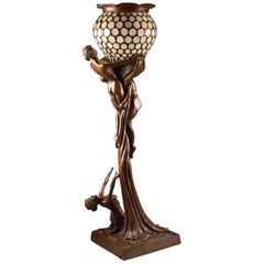 Antique Art Nouveau Figural Floor Lamp, Nude Woman and Man, Rare Reproduction Tiffany