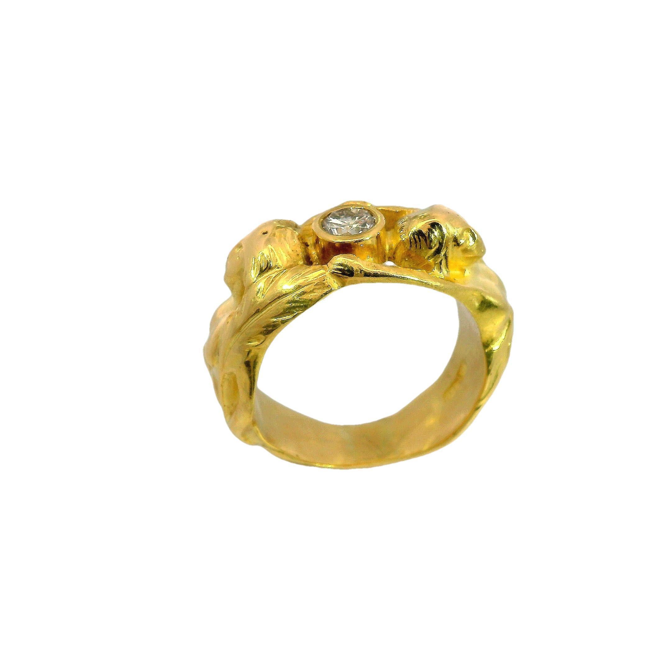 Round Cut Art Nouveau Figural Woman Ring Made in 18K Gold with Diamond Center