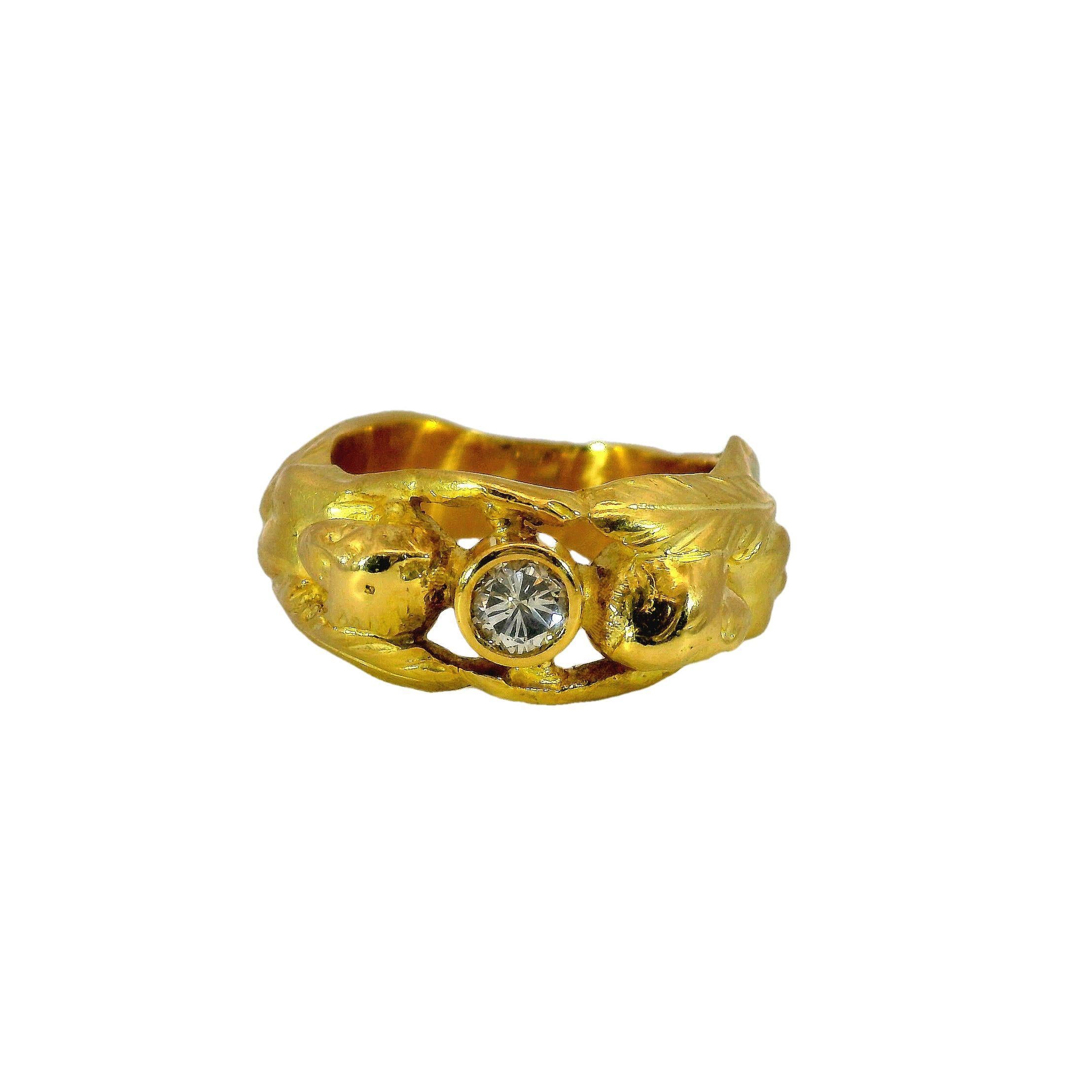 Women's or Men's Art Nouveau Figural Woman Ring Made in 18K Gold with Diamond Center