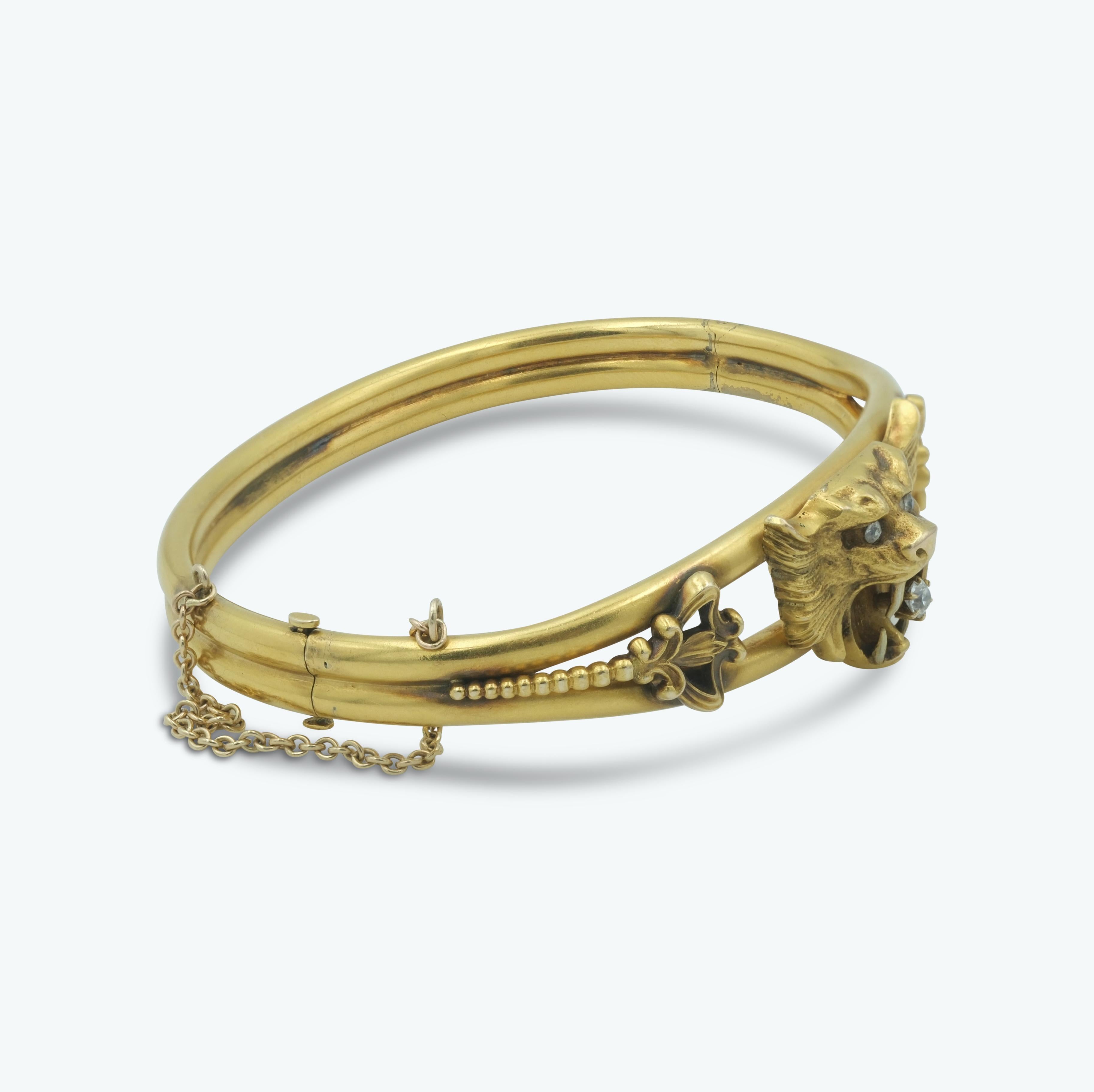 Round Cut Victorian Figural Lion Bracelet with Diamonds in 14 Karat High Finish Gold