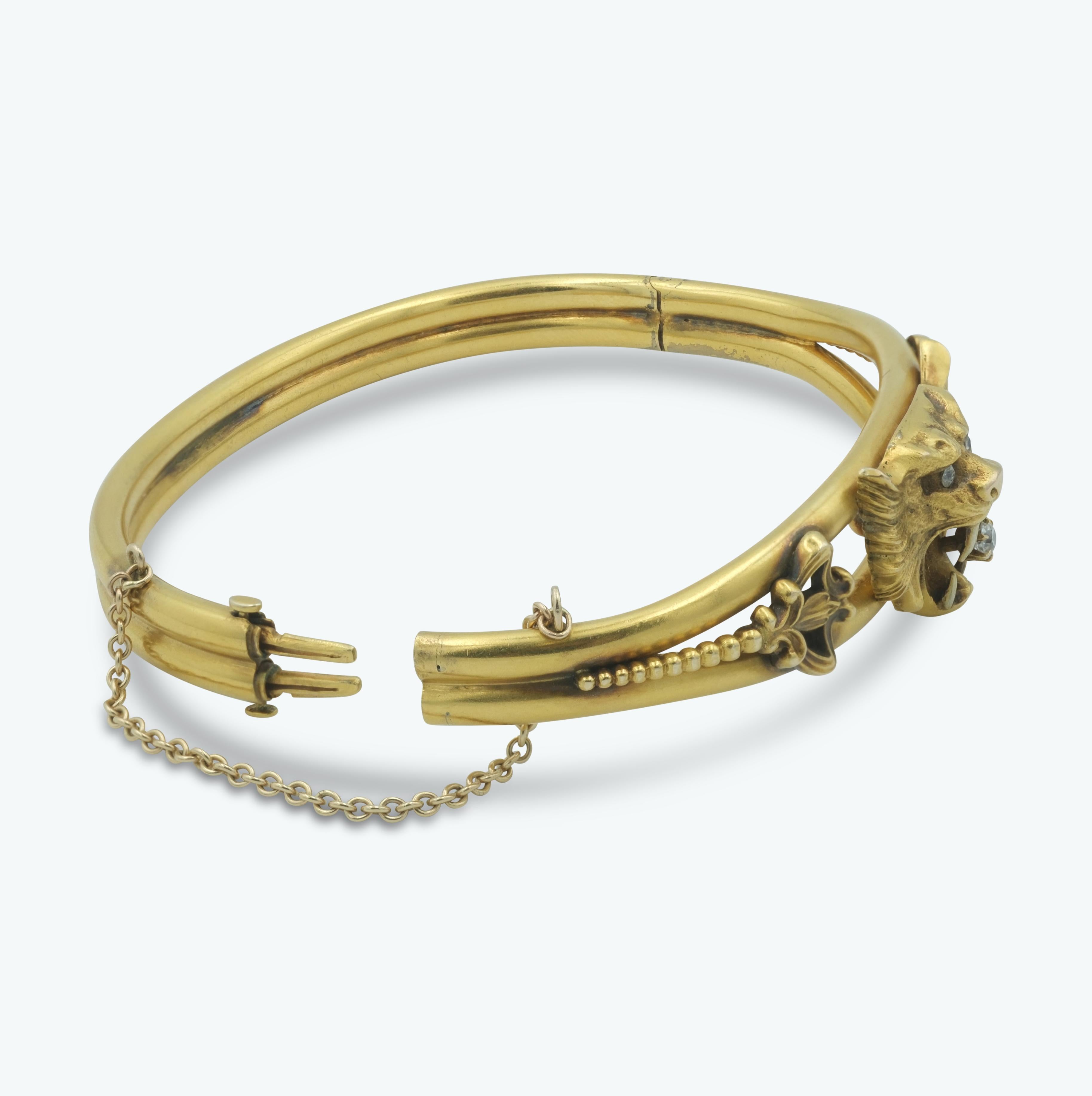 Victorian Figural Lion Bracelet with Diamonds in 14 Karat High Finish Gold In Excellent Condition In Fairfield, CT
