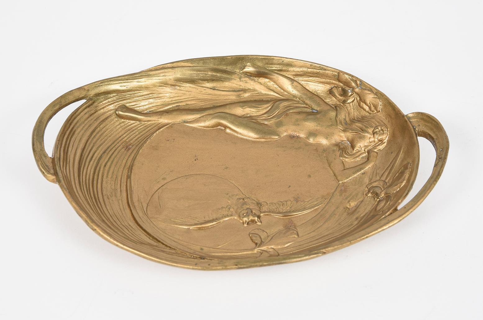 European Art Nouveau Figural Nude Woman with Owl and Moon Floral Tray For Sale