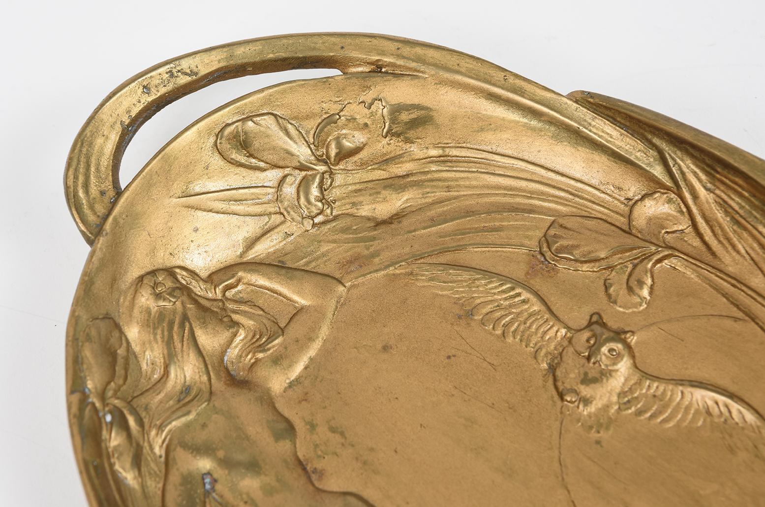 Art Nouveau Figural Nude Woman with Owl and Moon Floral Tray In Good Condition For Sale In Miami Beach, FL