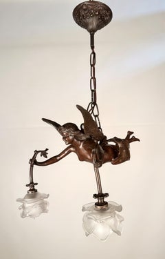Art Nouveau Figural Pendant Chandelier, Bronze & Glass, 1900