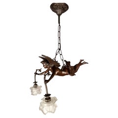 Art Nouveau Figural Pendant Chandelier, Bronze & Glass, 1900