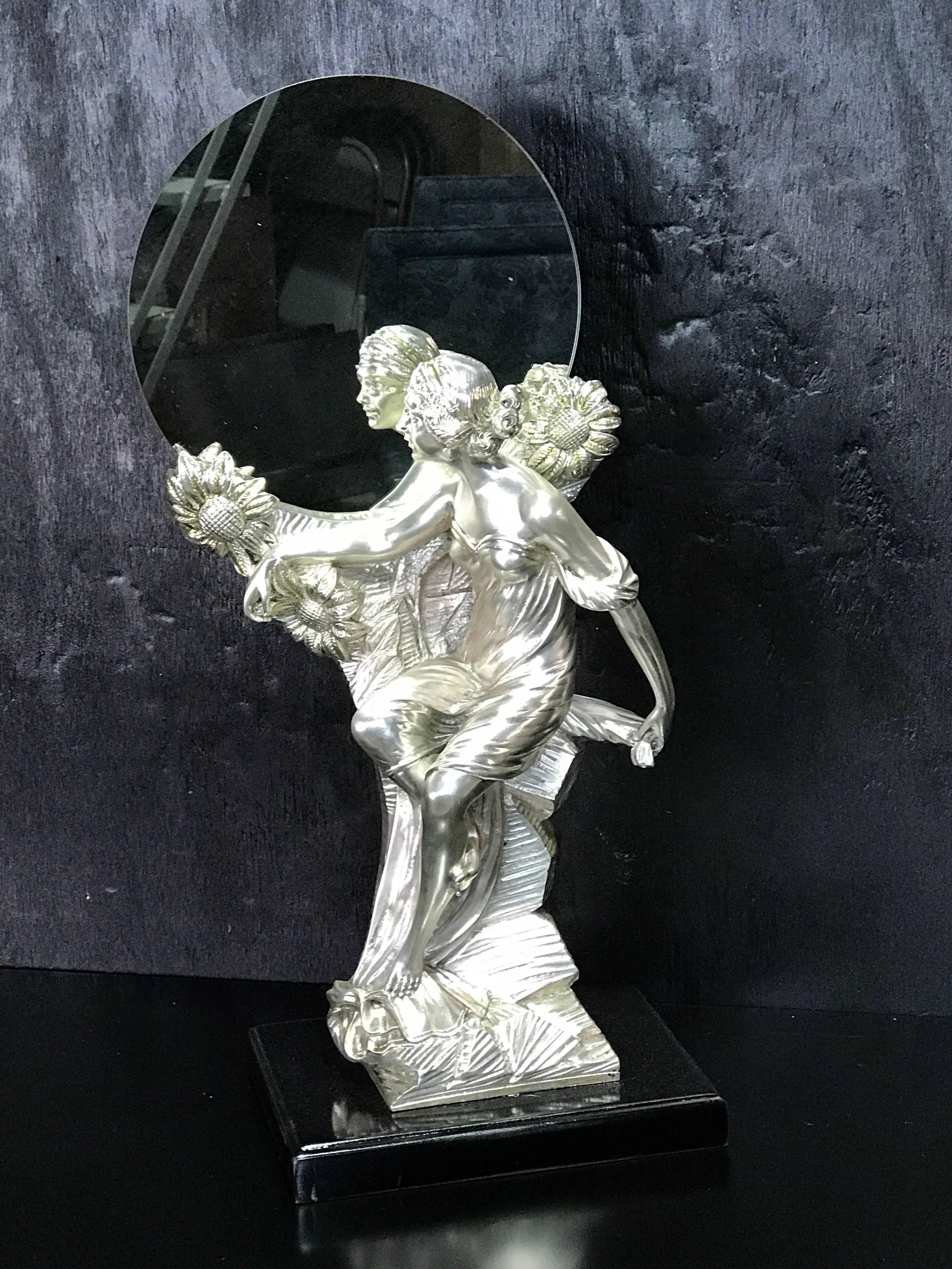 Art Nouveau figural silver clad table mirror, with removable inset 10 inch circular mirror (moon) stamped 925 argent. The figure without the pedestal base stands 16.5