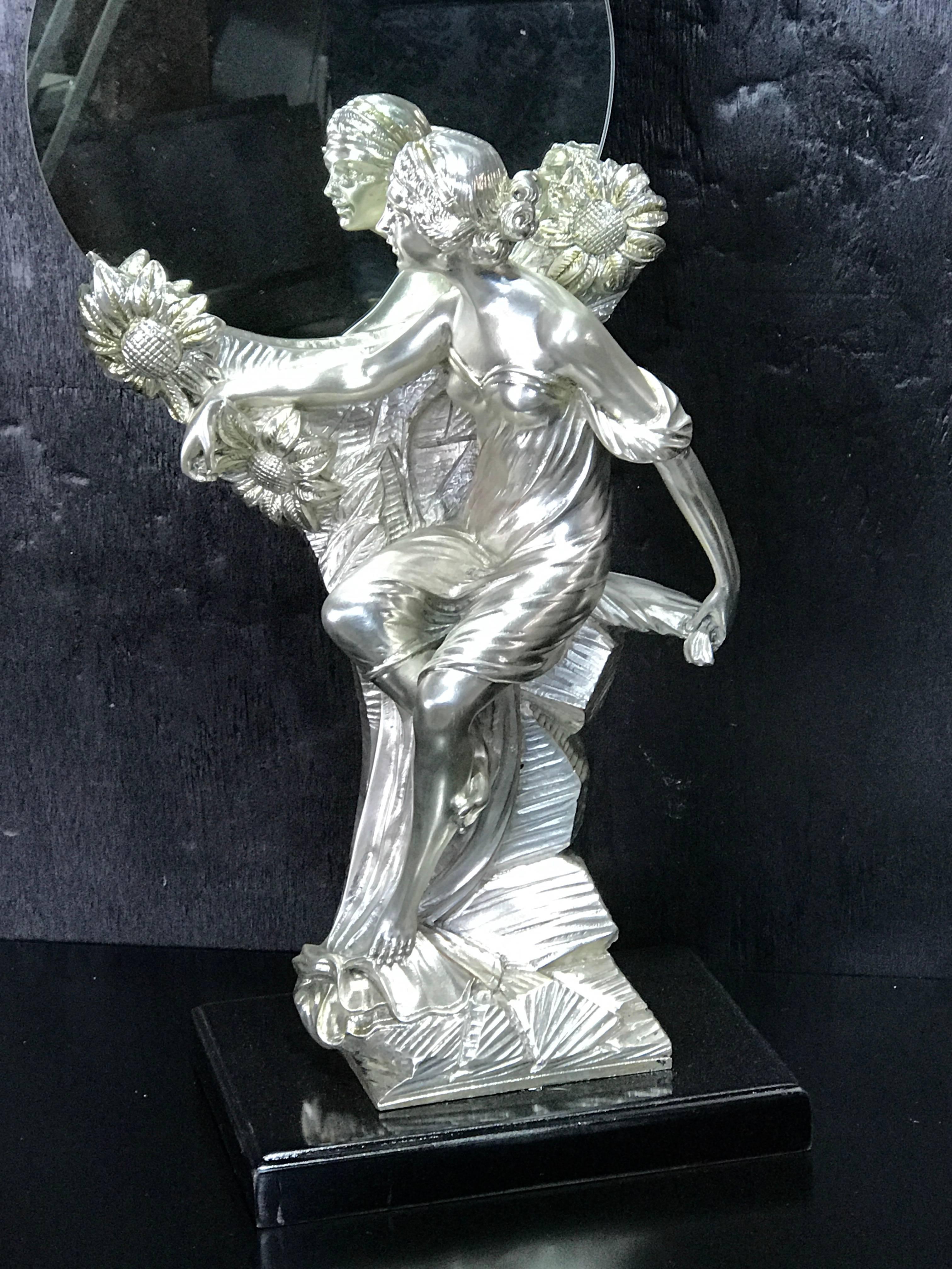 European Art Nouveau Figural Silver Clad Table Mirror For Sale